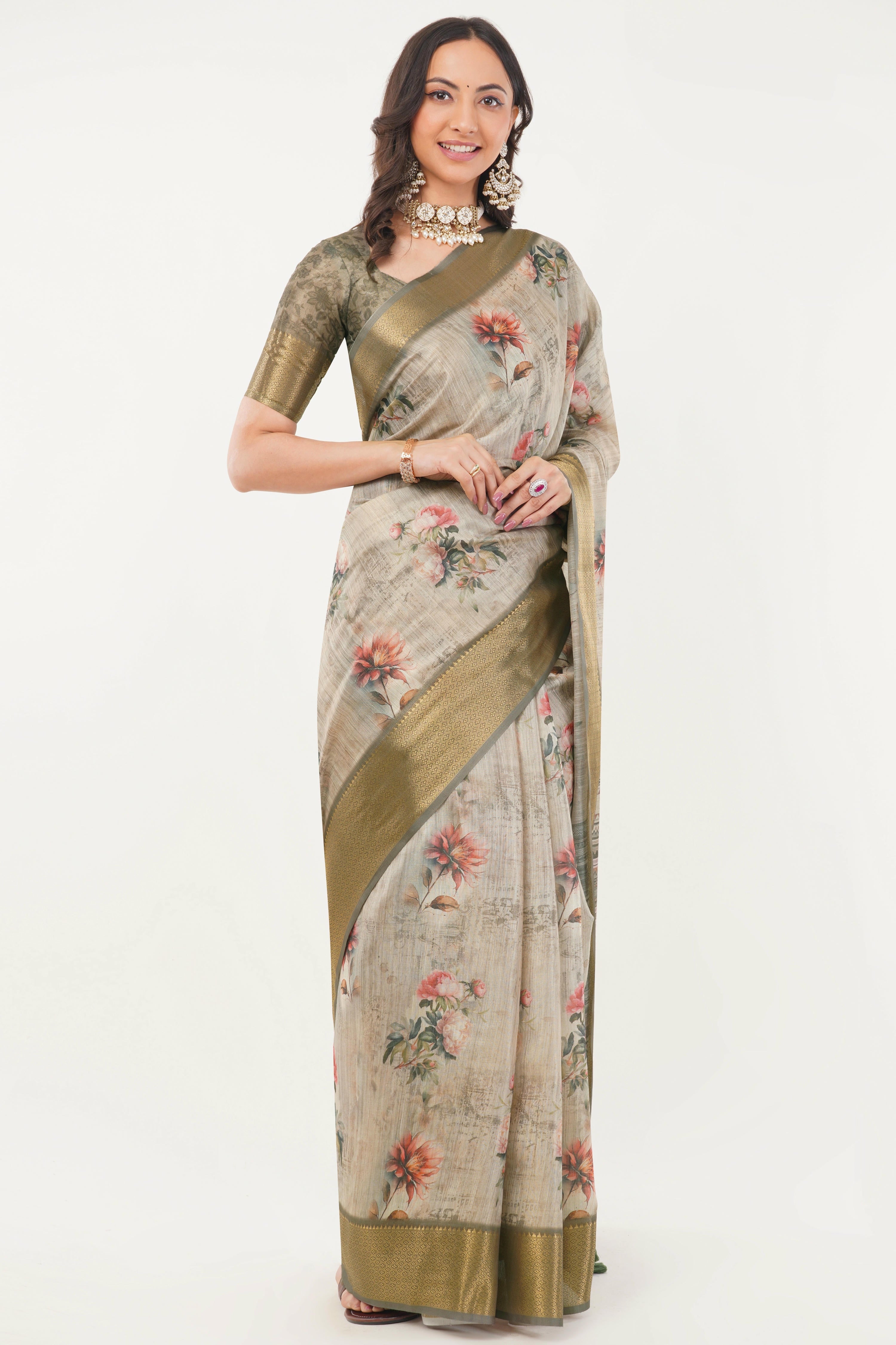 Off-White Floral Print Saree with Antique Zari Border