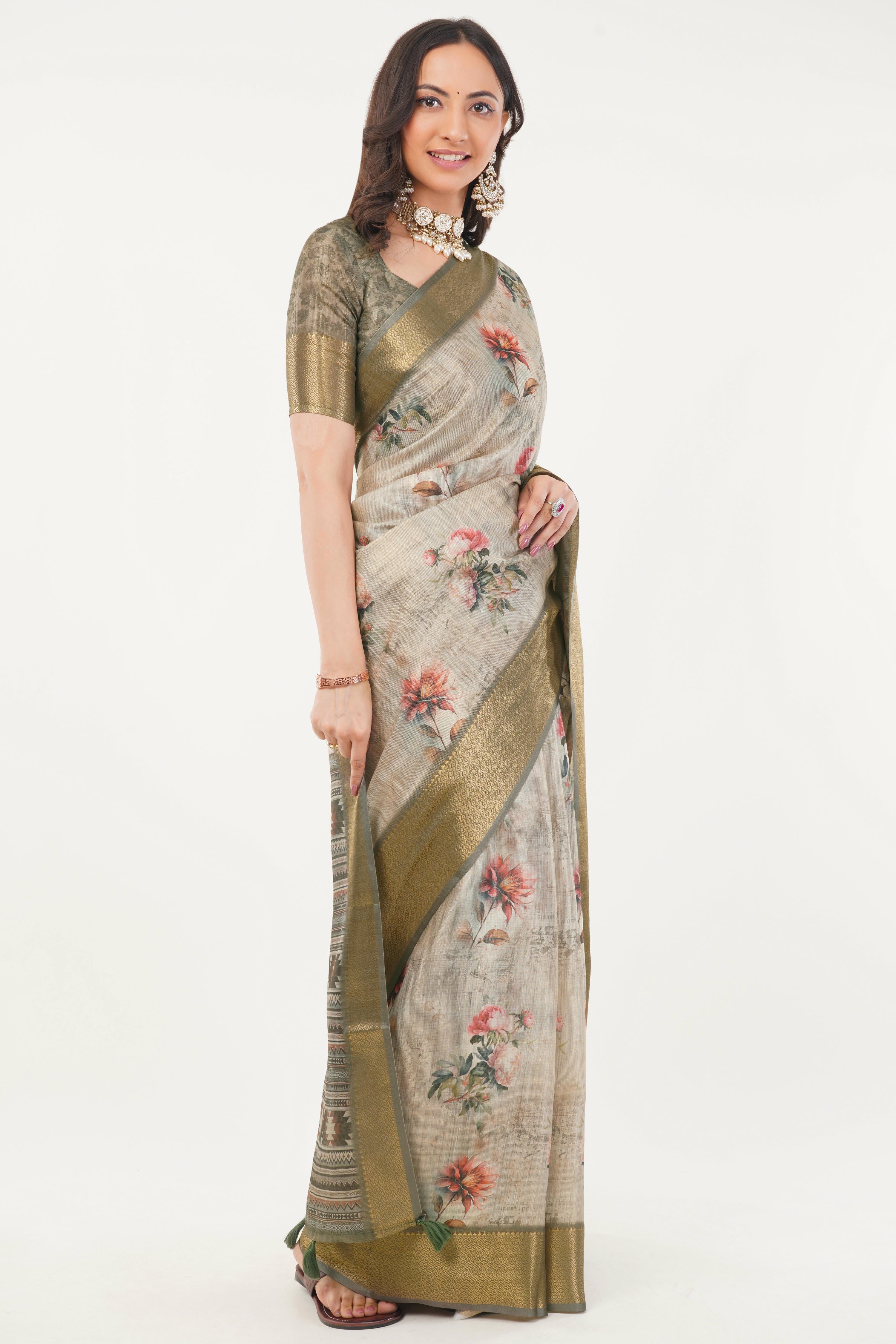 Off-White Floral Print Saree with Antique Zari Border