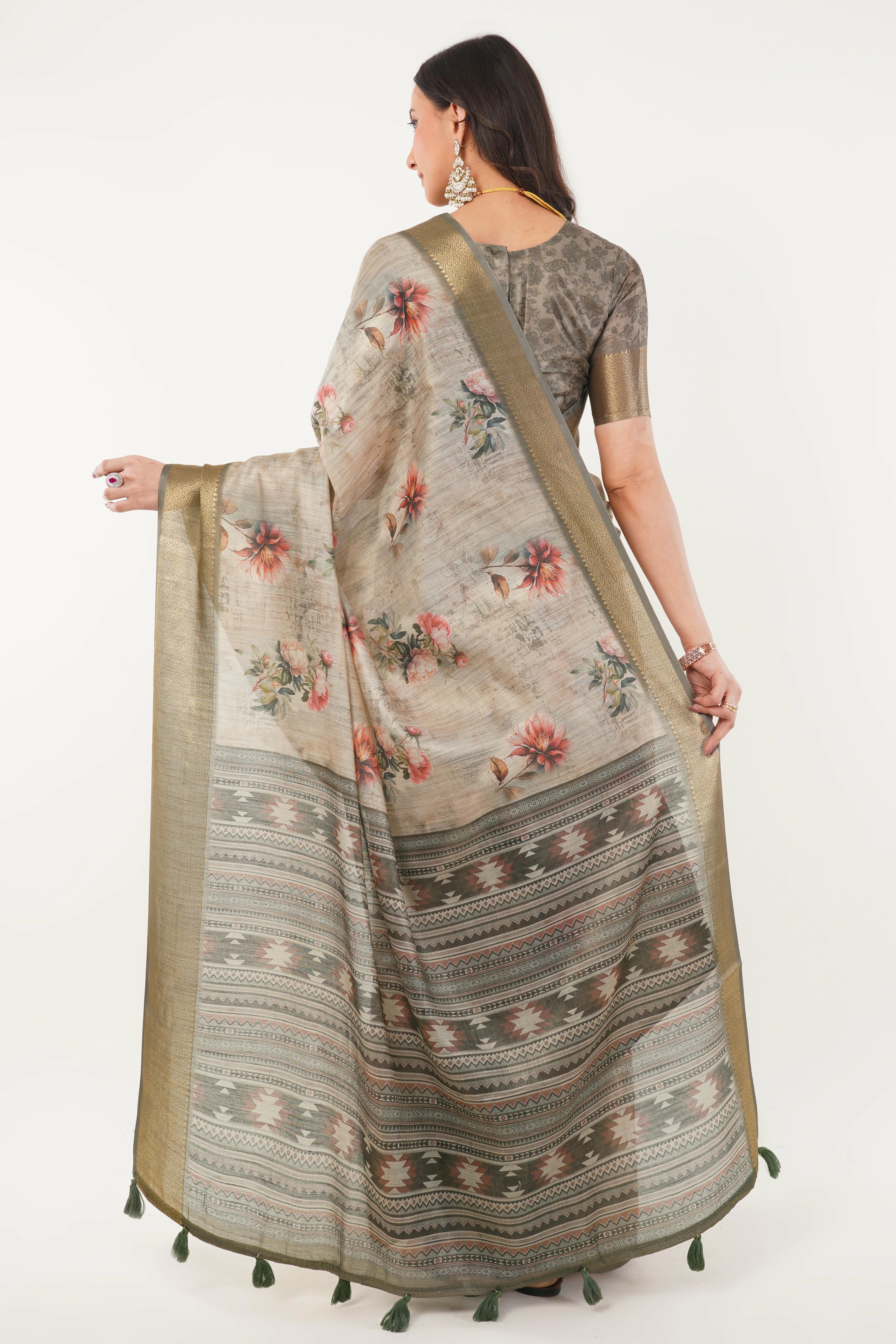 Off-White Floral Print Saree with Antique Zari Border