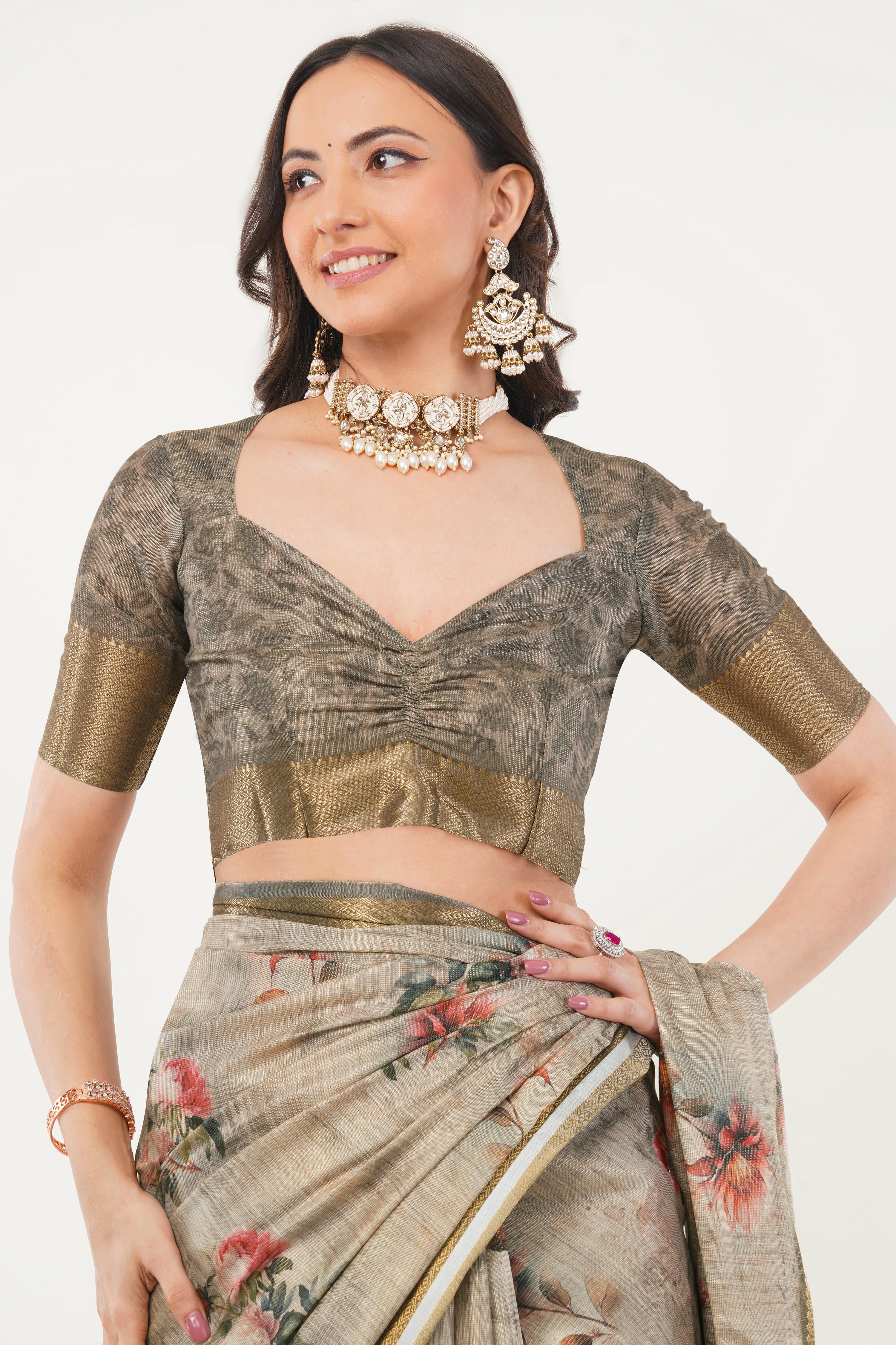 Off-White Floral Print Saree with Antique Zari Border