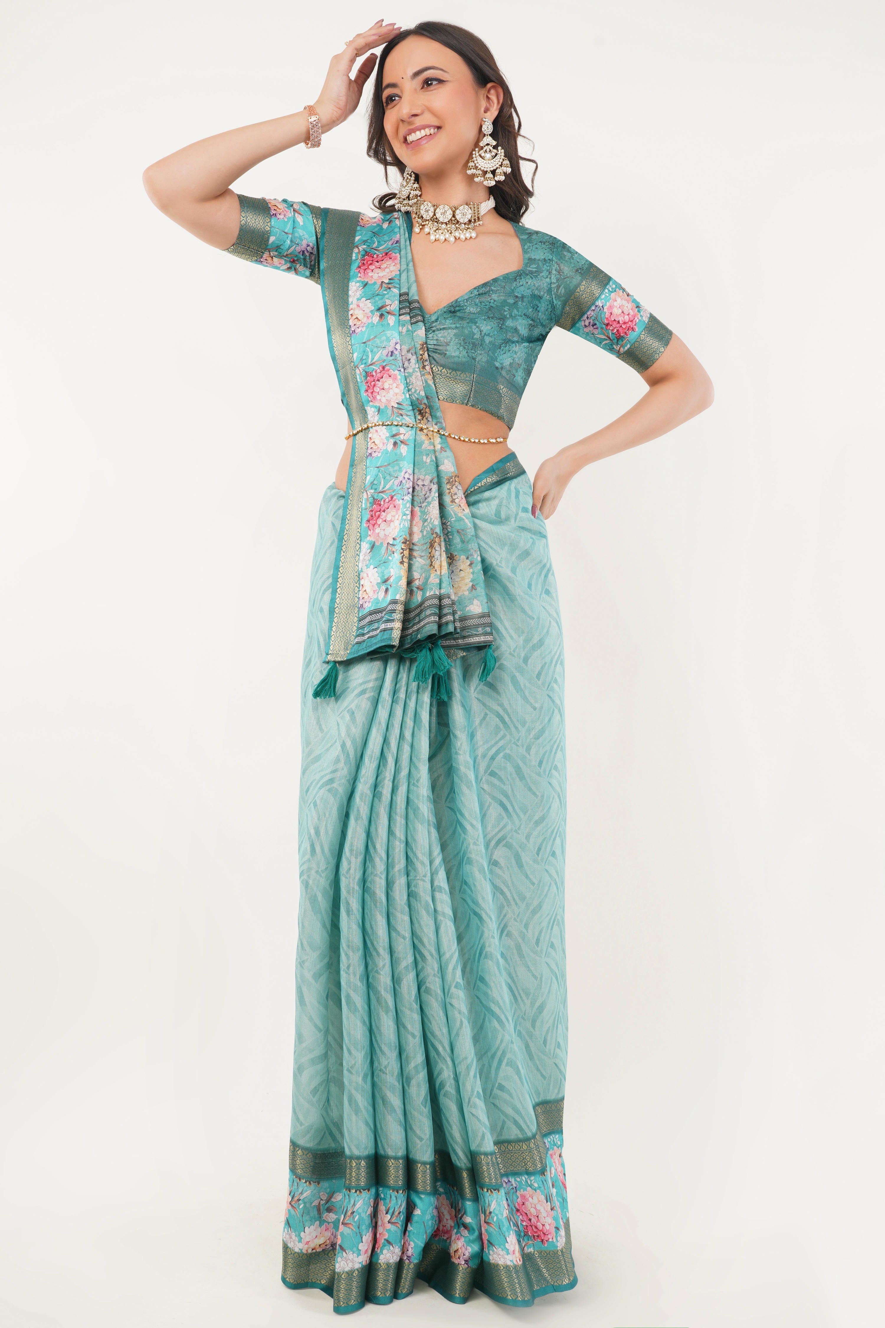 Turquoise Blue Regular Wear Saree