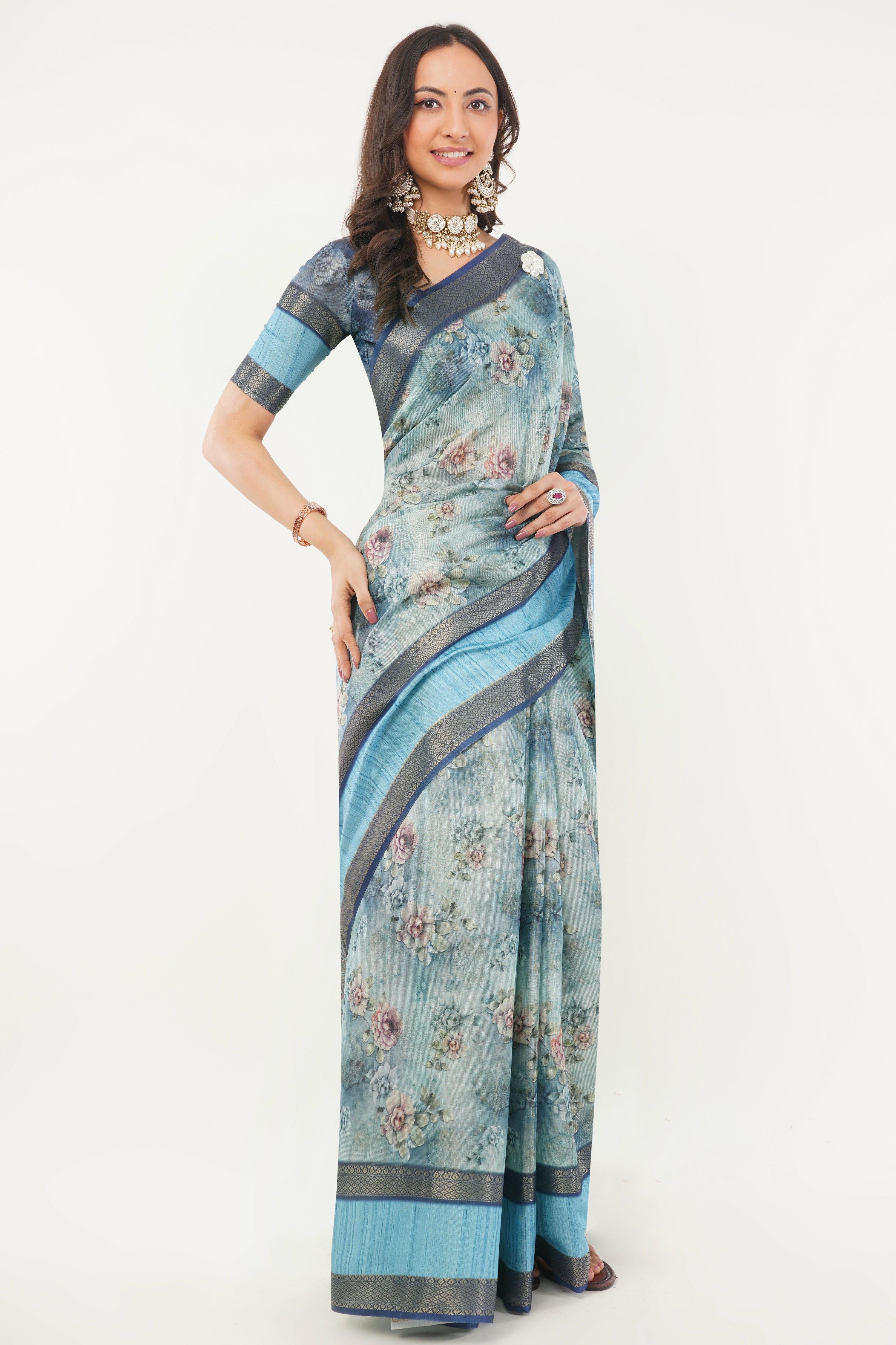 Cerulean Blue Floral Print Saree with Zari Border