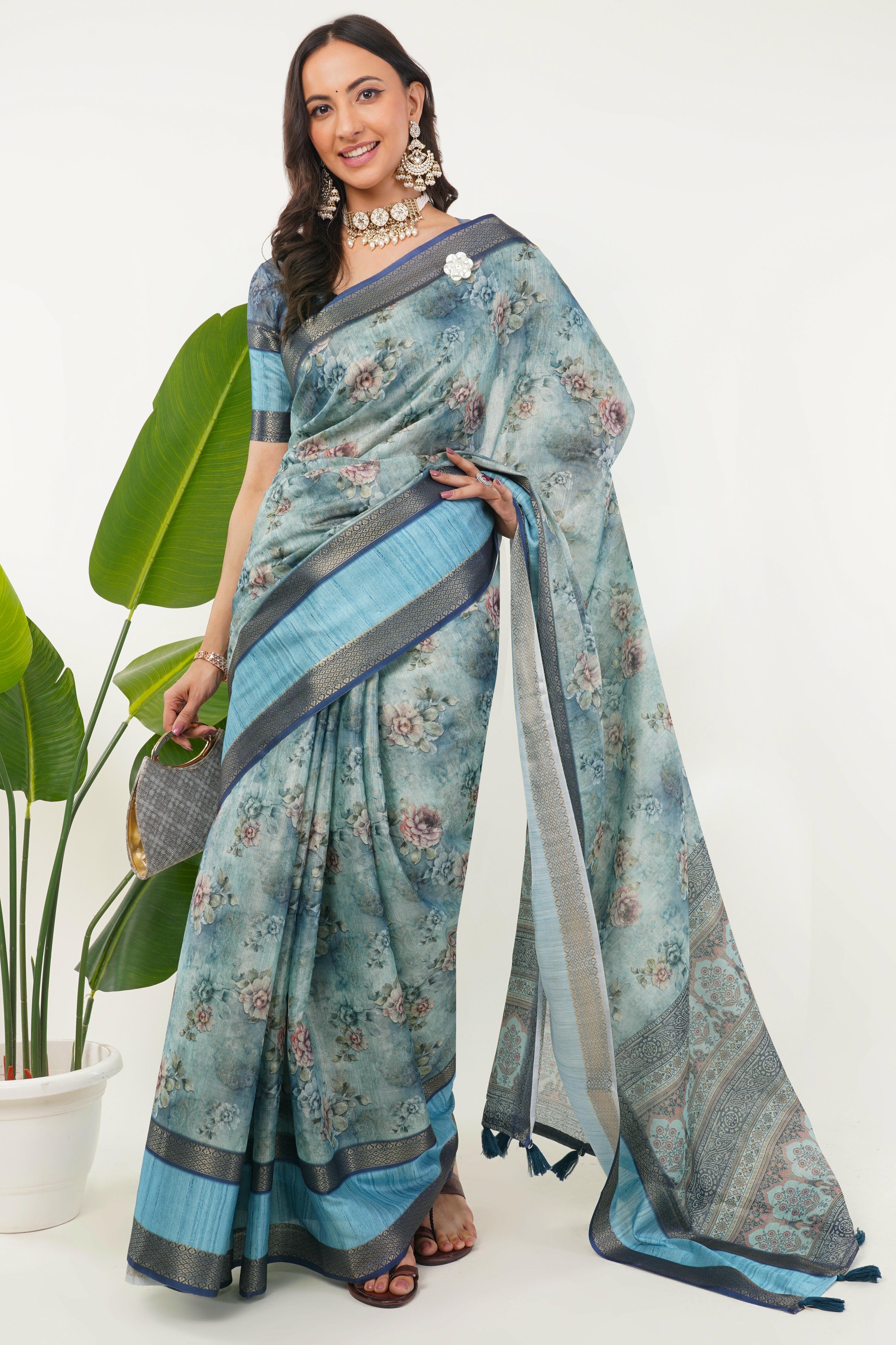 Cerulean Blue Floral Print Saree with Zari Border