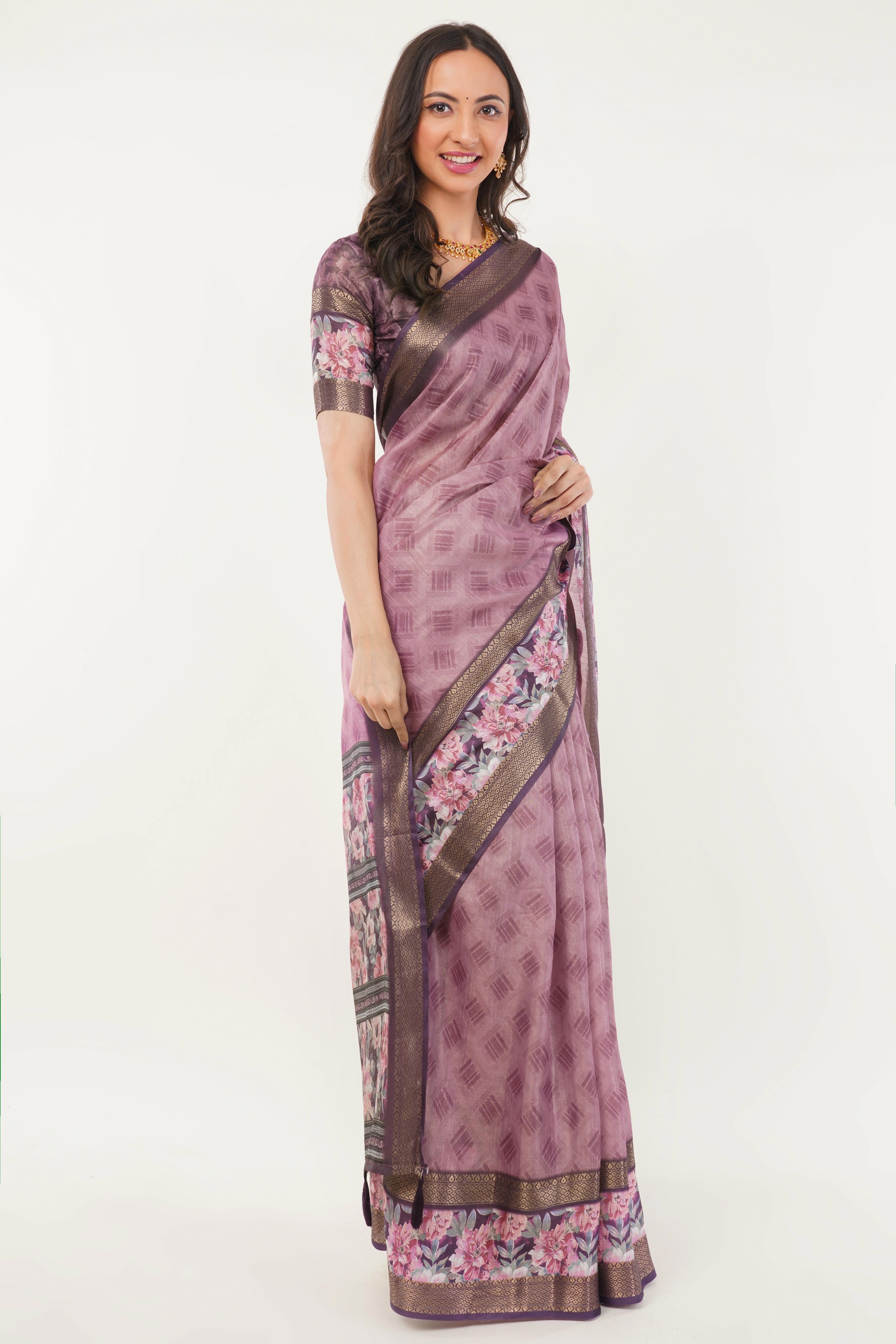 Mauve Geometric Print Saree with Floral Border