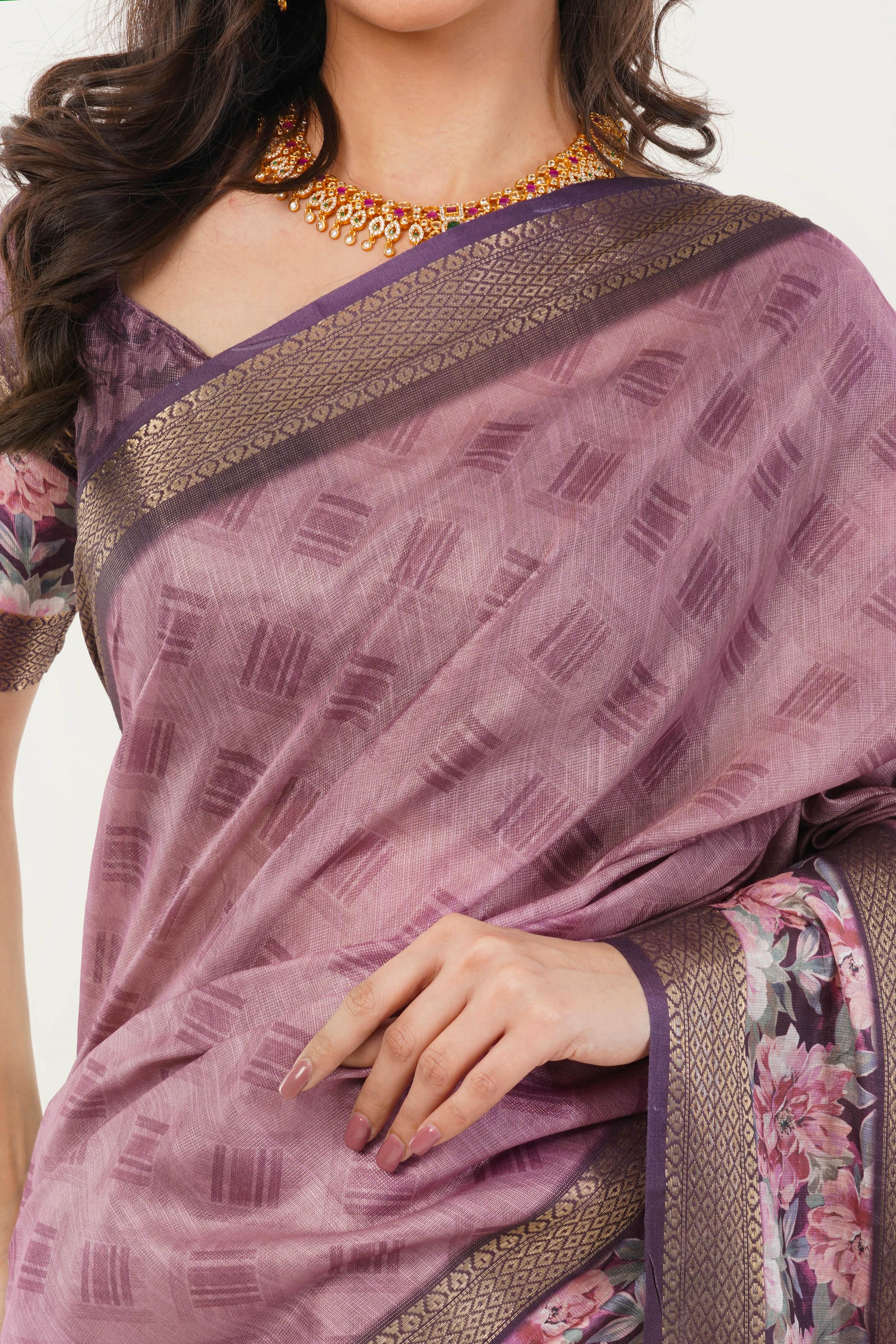 Mauve Geometric Print Saree with Floral Border