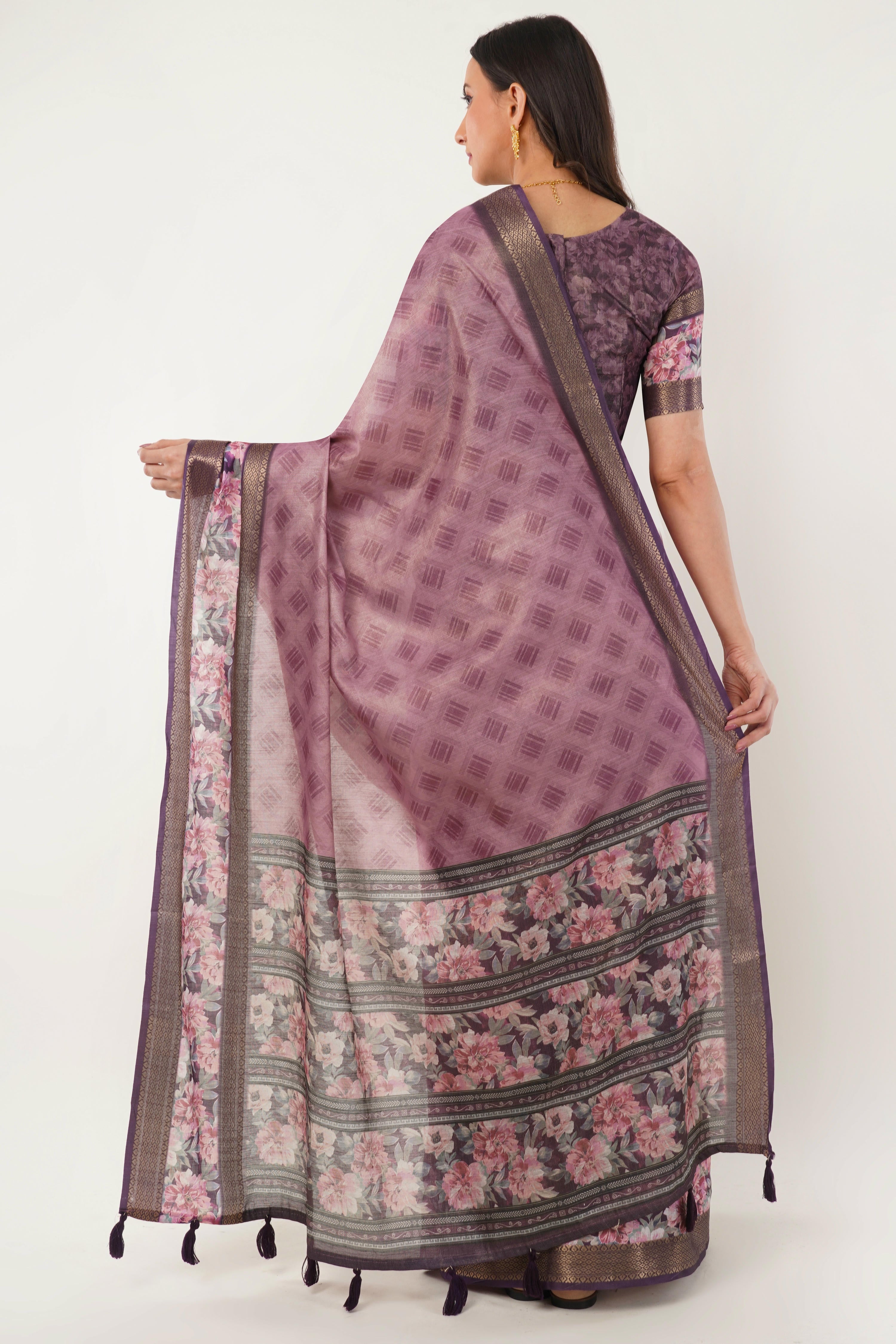Mauve Geometric Print Saree with Floral Border