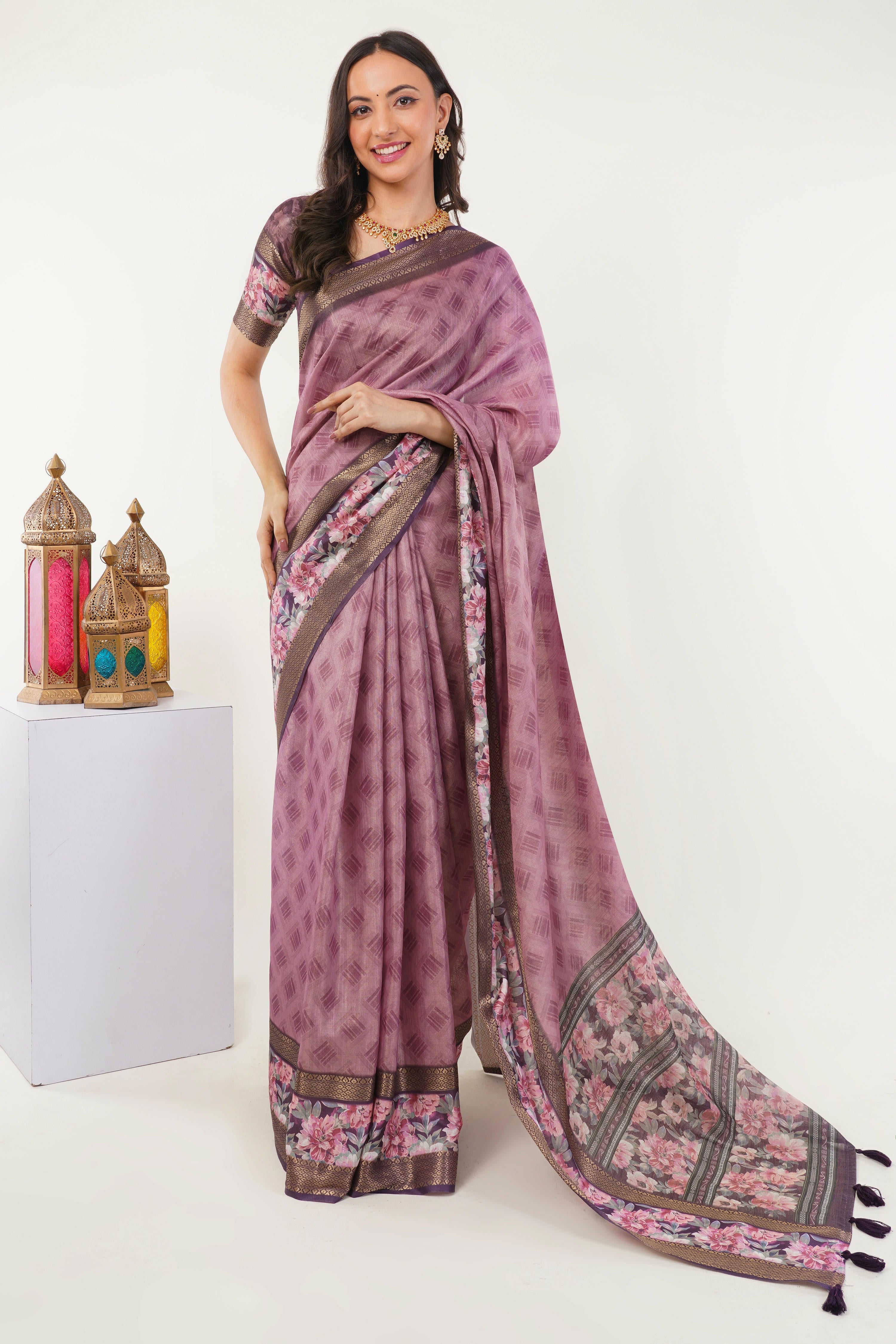 Mauve Geometric Print Saree with Floral Border