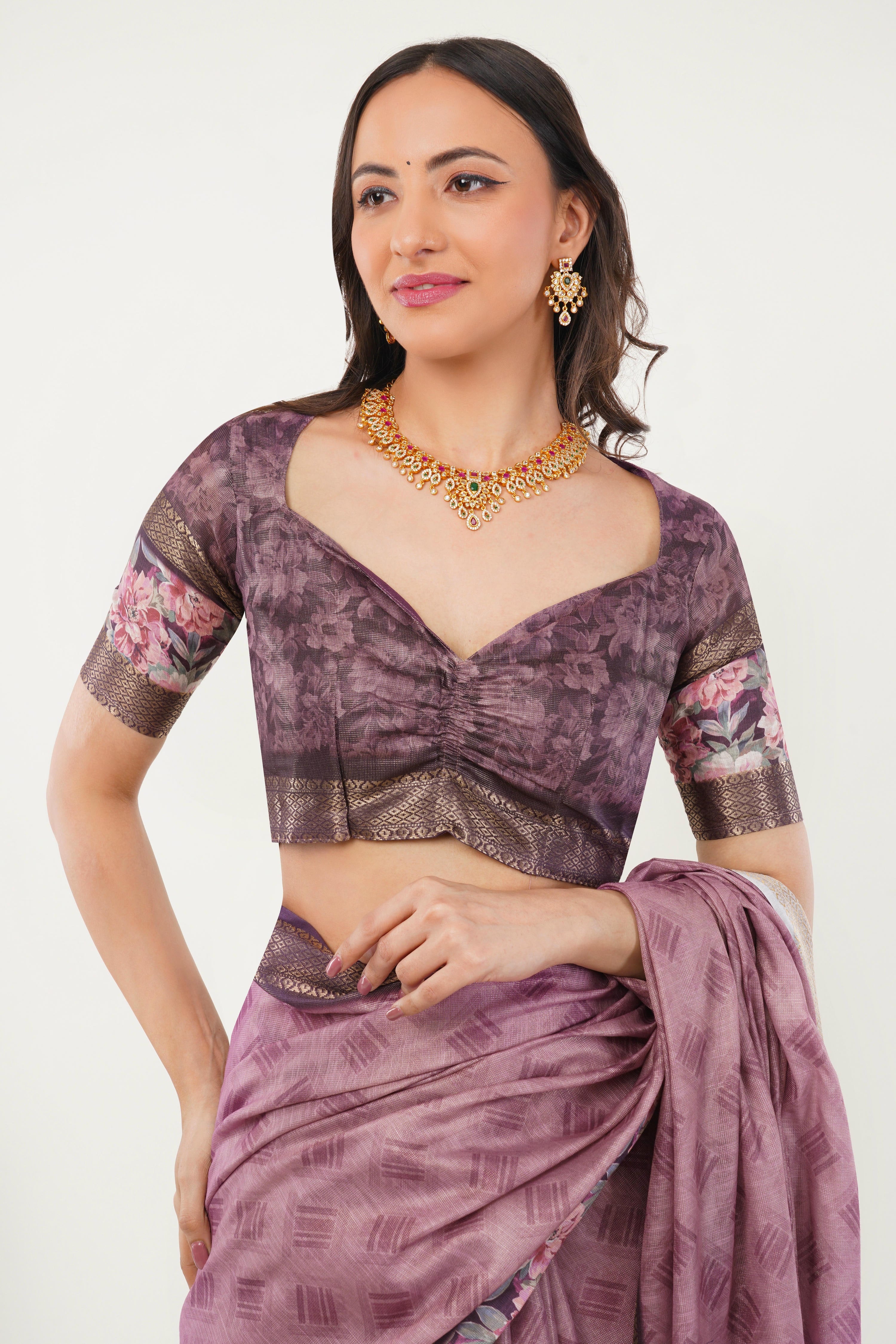 Mauve Geometric Print Saree with Floral Border
