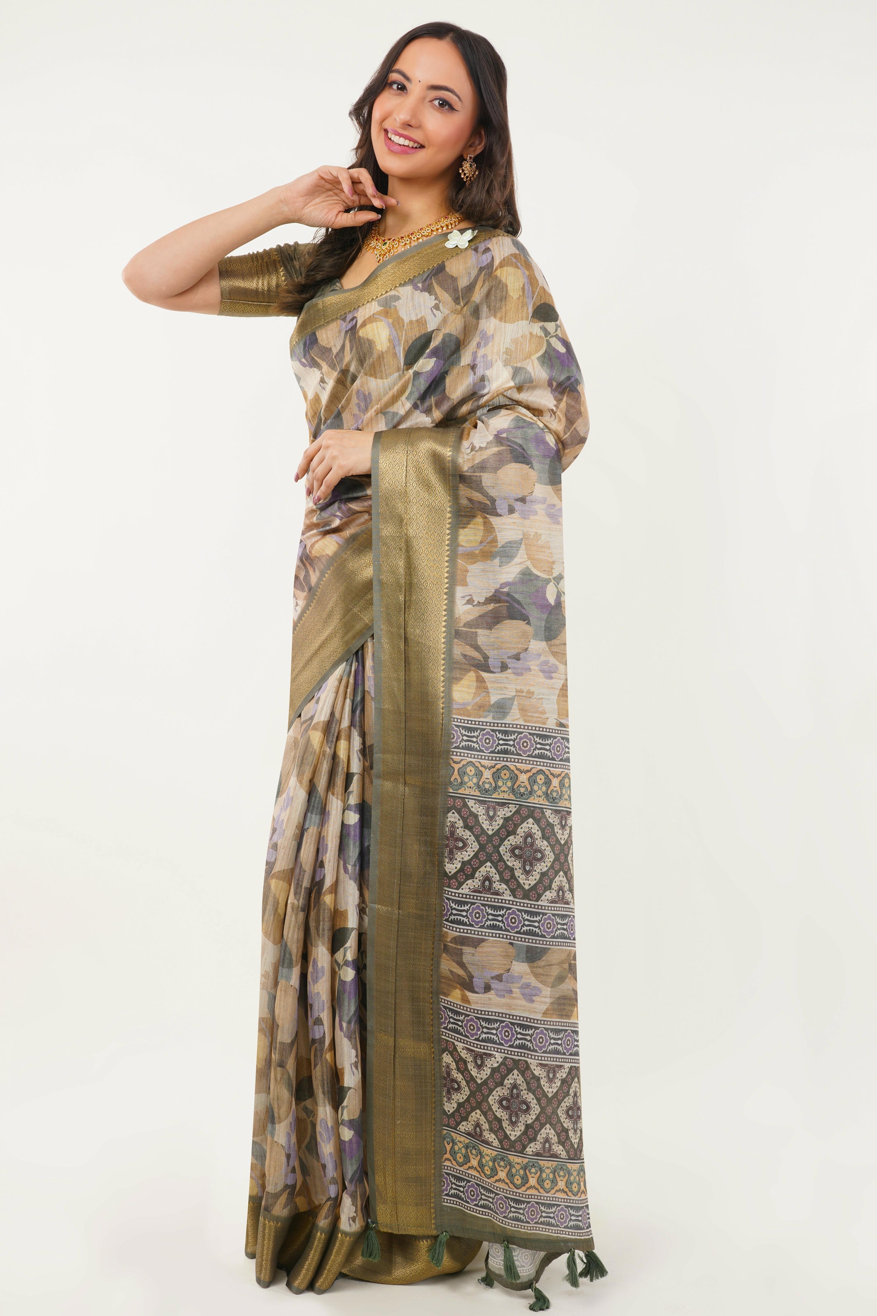 Olive & Beige Floral Print Saree with Antique Zari Border
