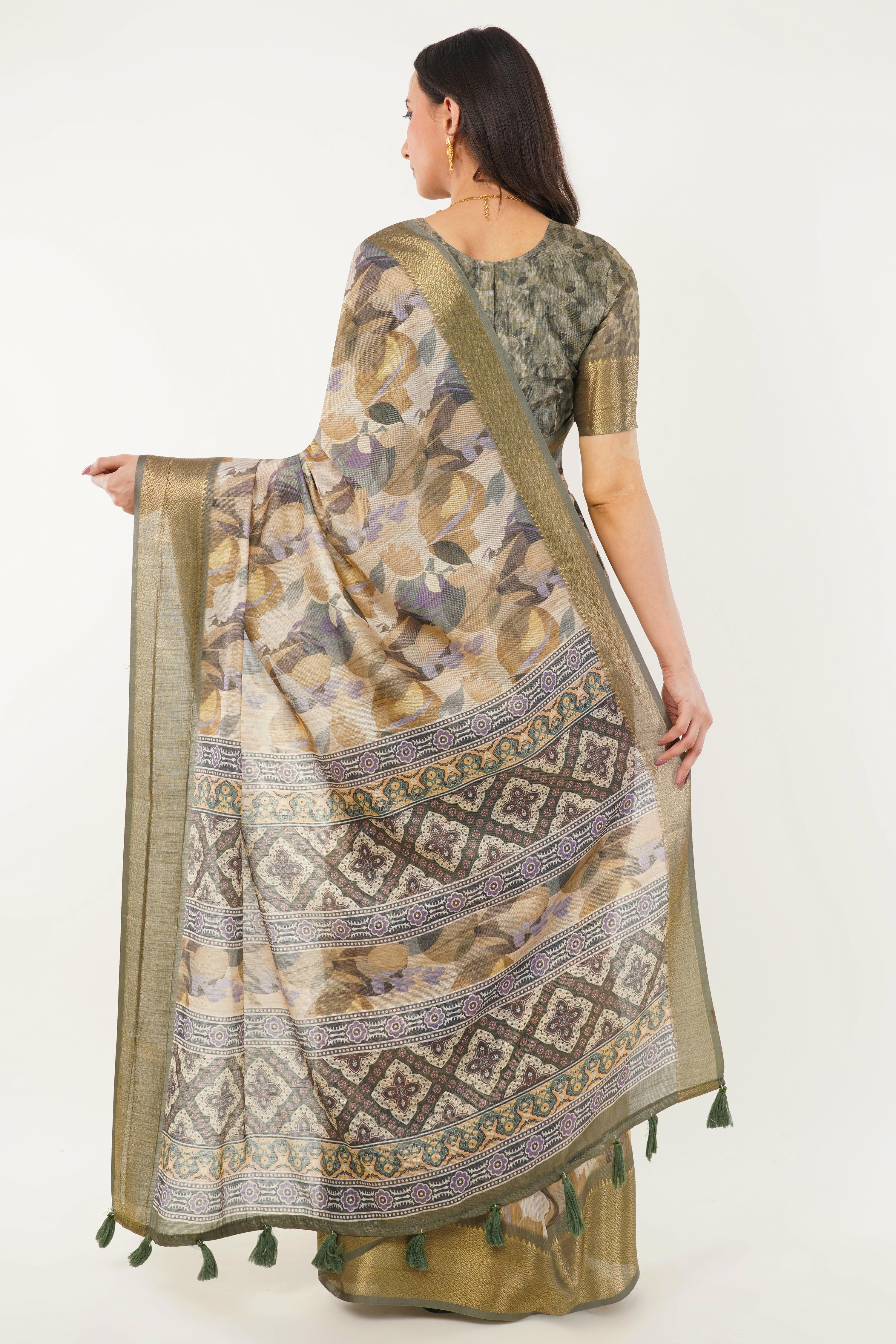 Olive & Beige Floral Print Saree with Antique Zari Border