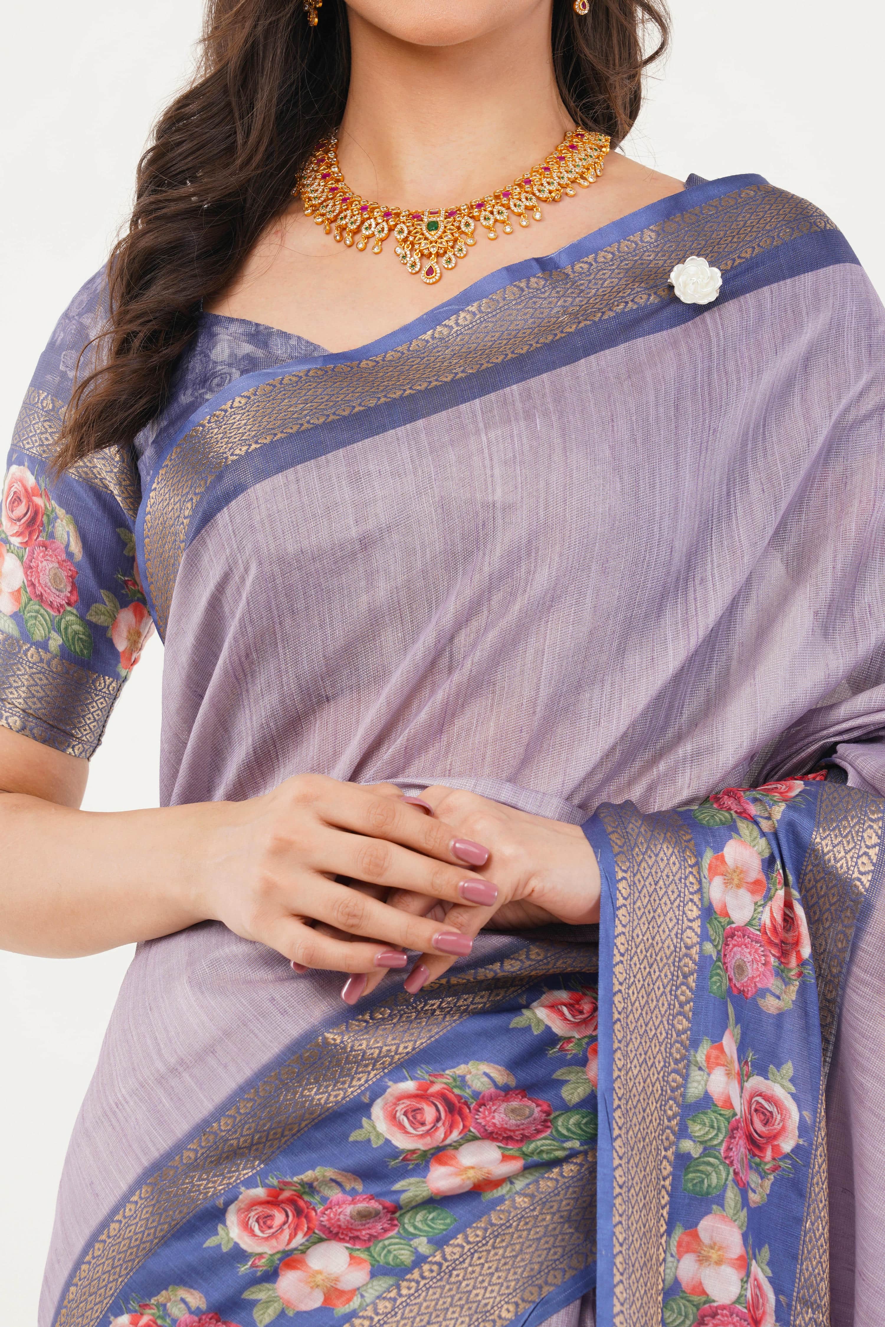 Lilac Textured Saree with Royal Blue Floral Border