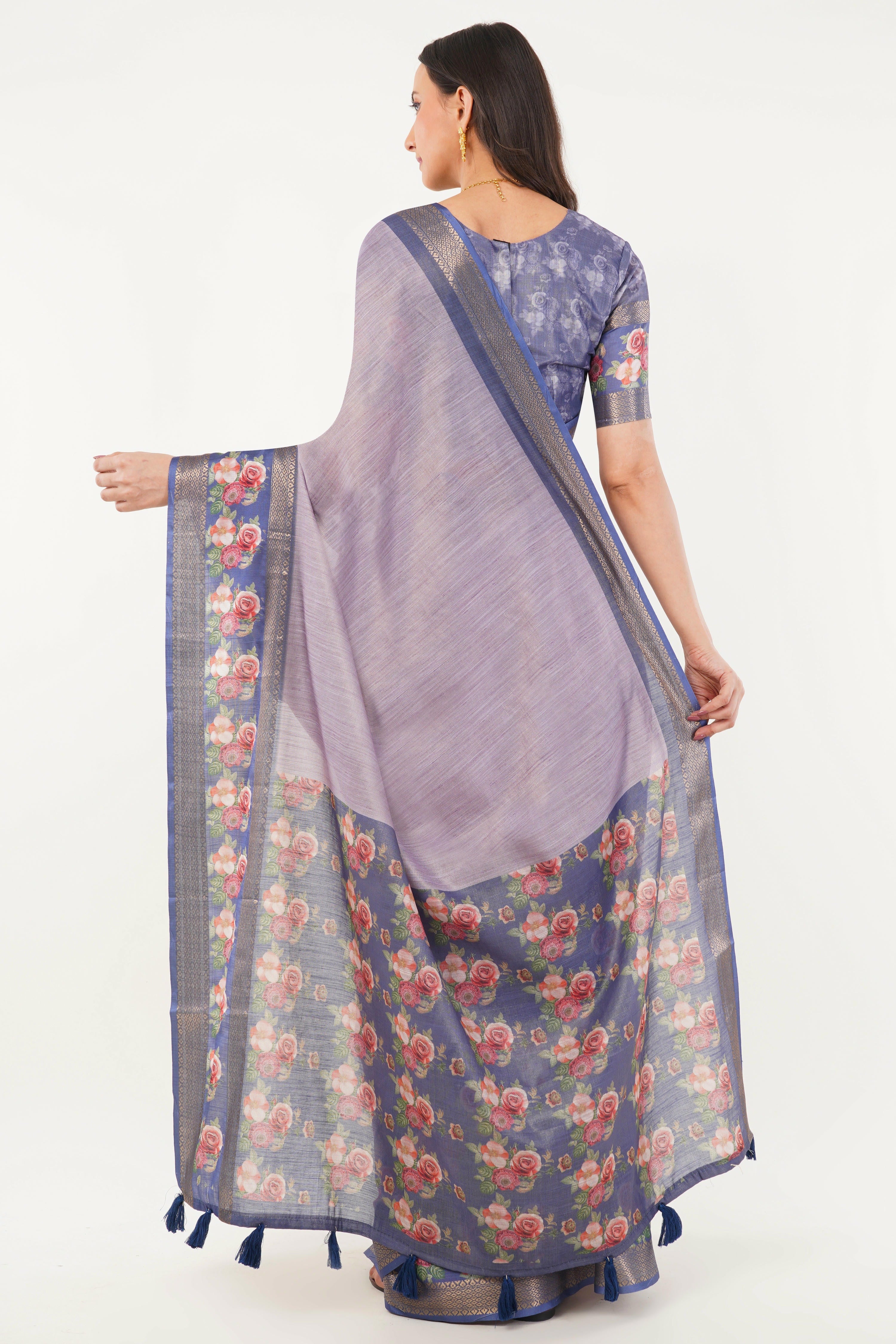 Lilac Textured Saree with Royal Blue Floral Border