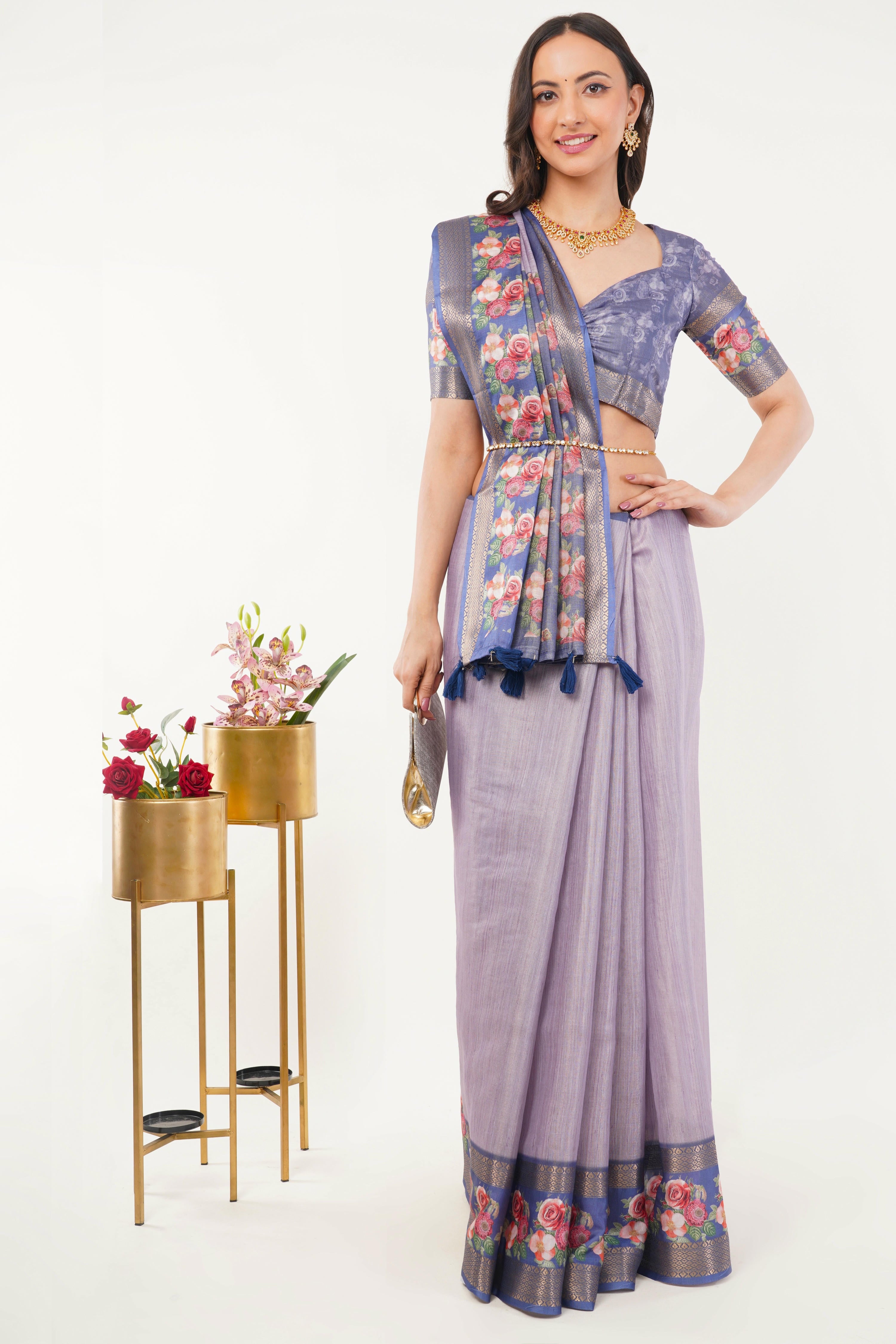 Lilac Textured Saree with Royal Blue Floral Border