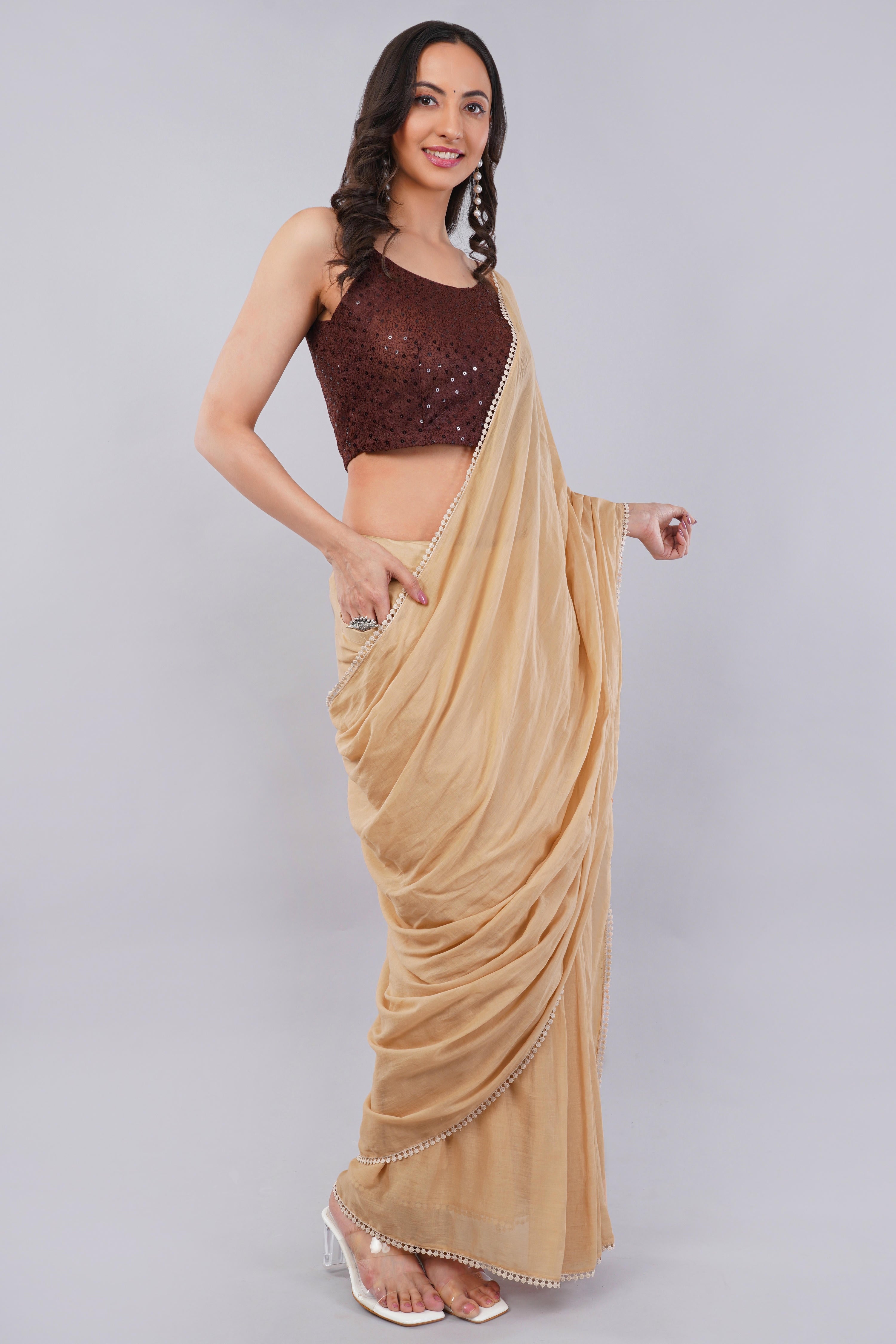 Beige Ready-to-Wear Saree with Pocket