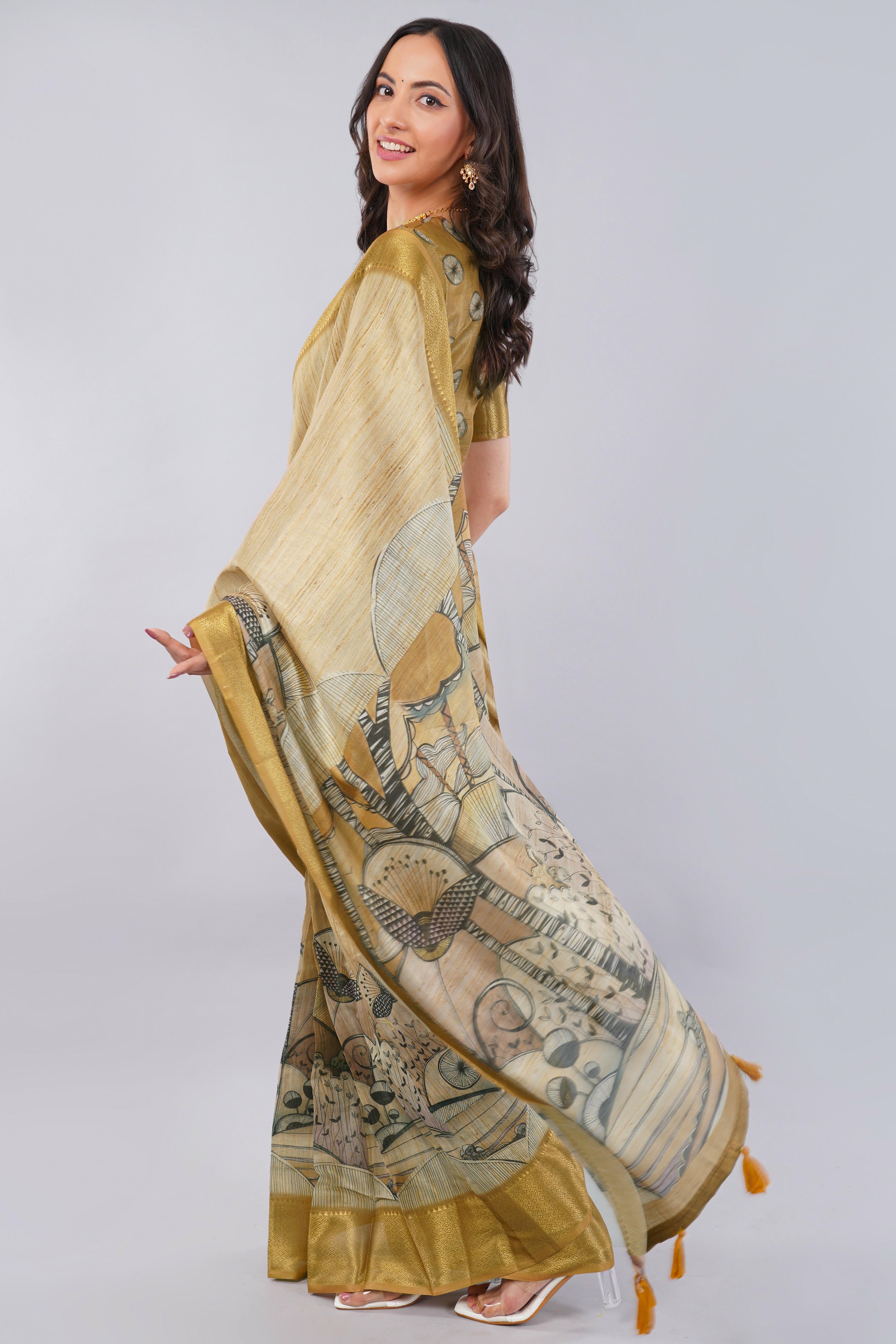 Golden Olive Ready-to-Wear Saree with Pocket