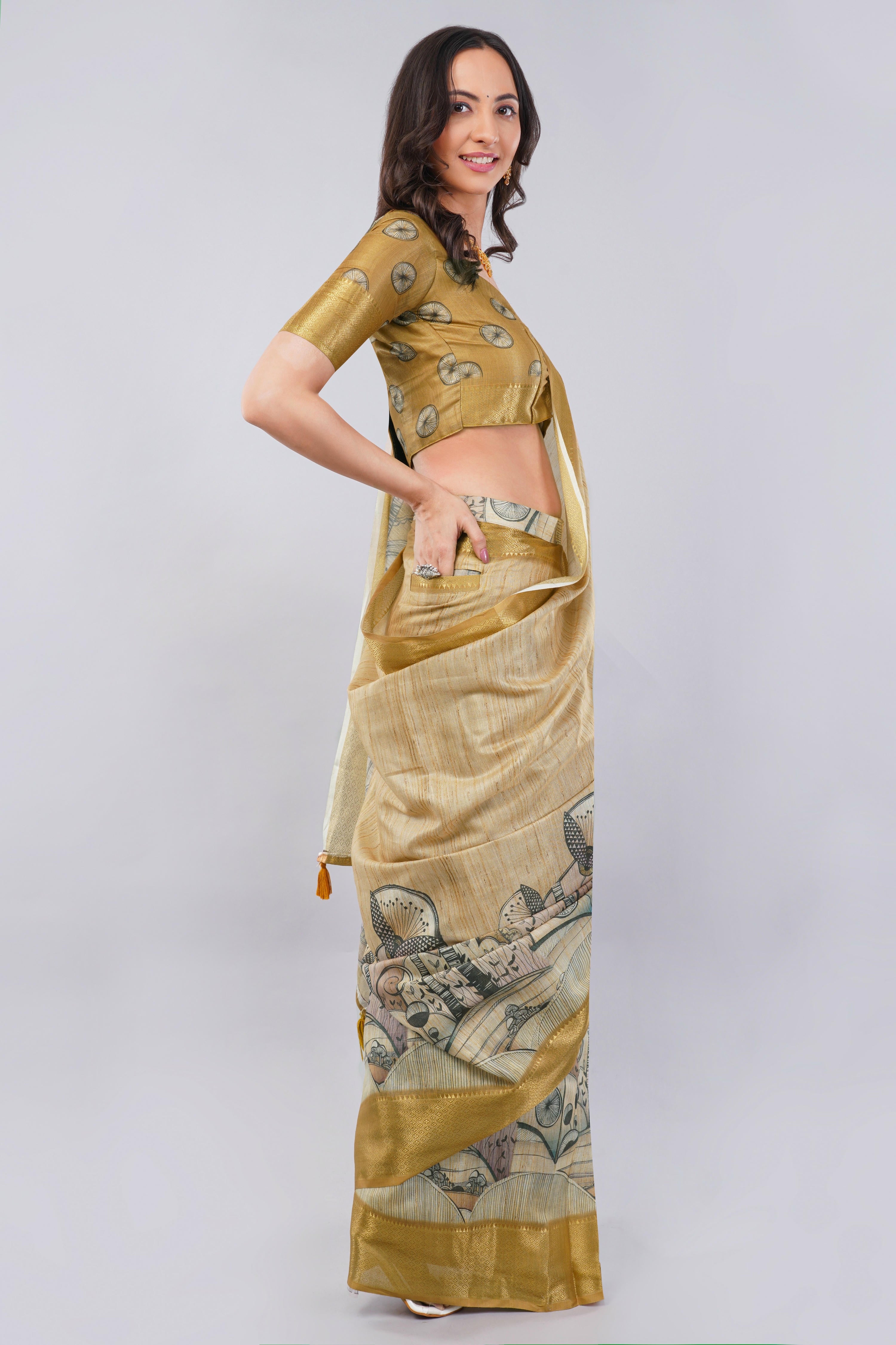 Golden Olive Ready-to-Wear Saree with Pocket