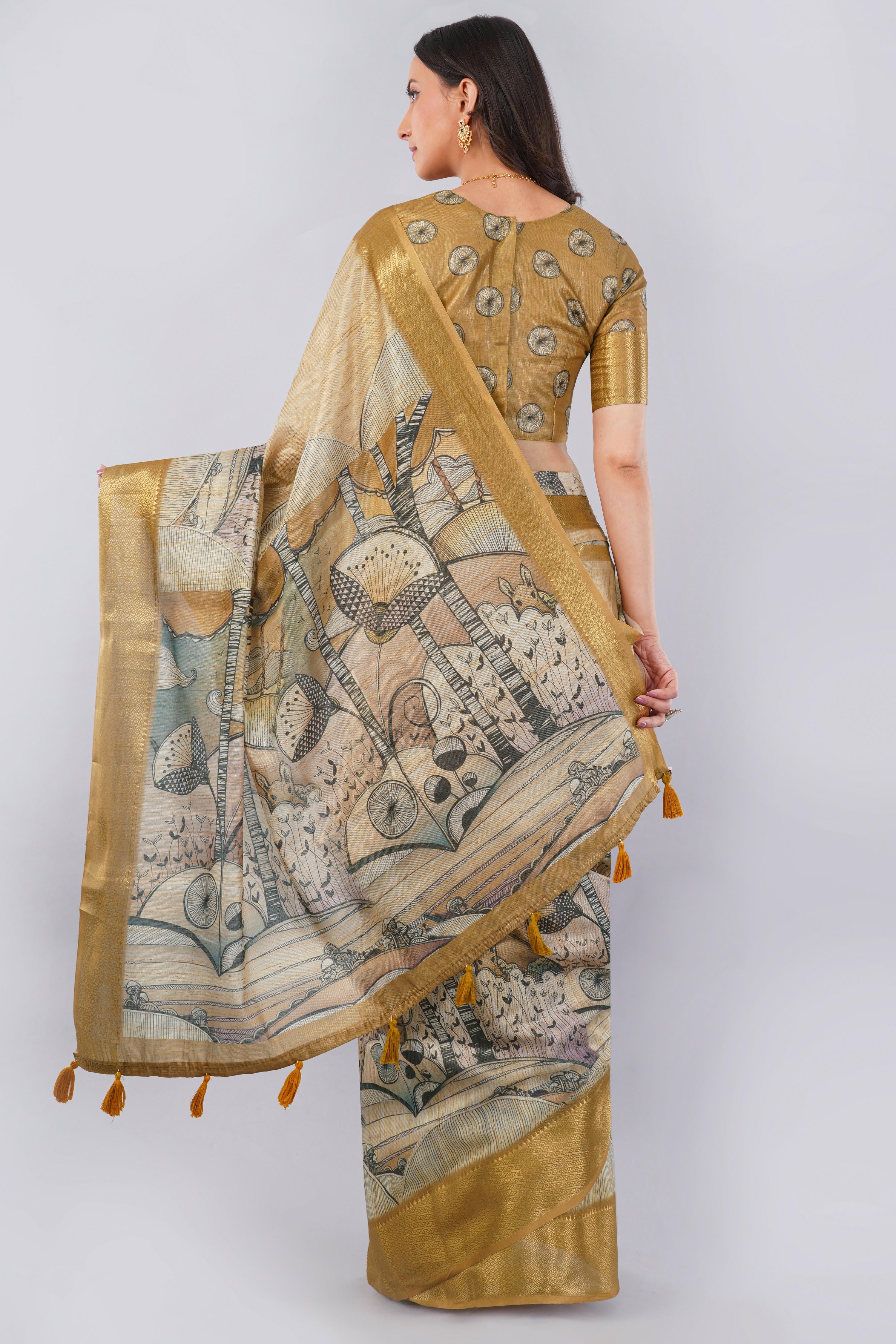 Golden Olive Ready-to-Wear Saree with Pocket