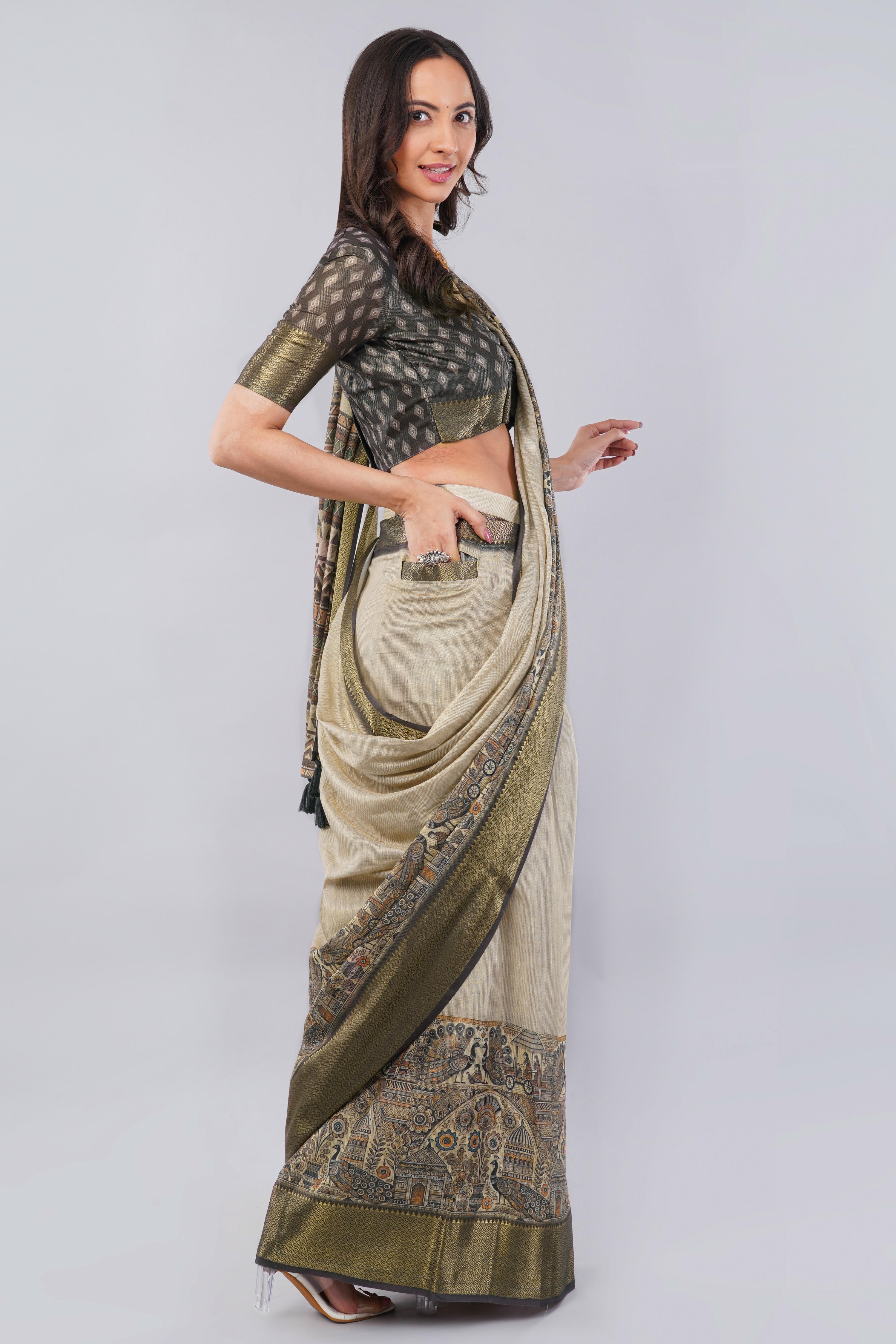 Earthy grey ready-to-wear printed saree with pocket, zari border and tassel pallu