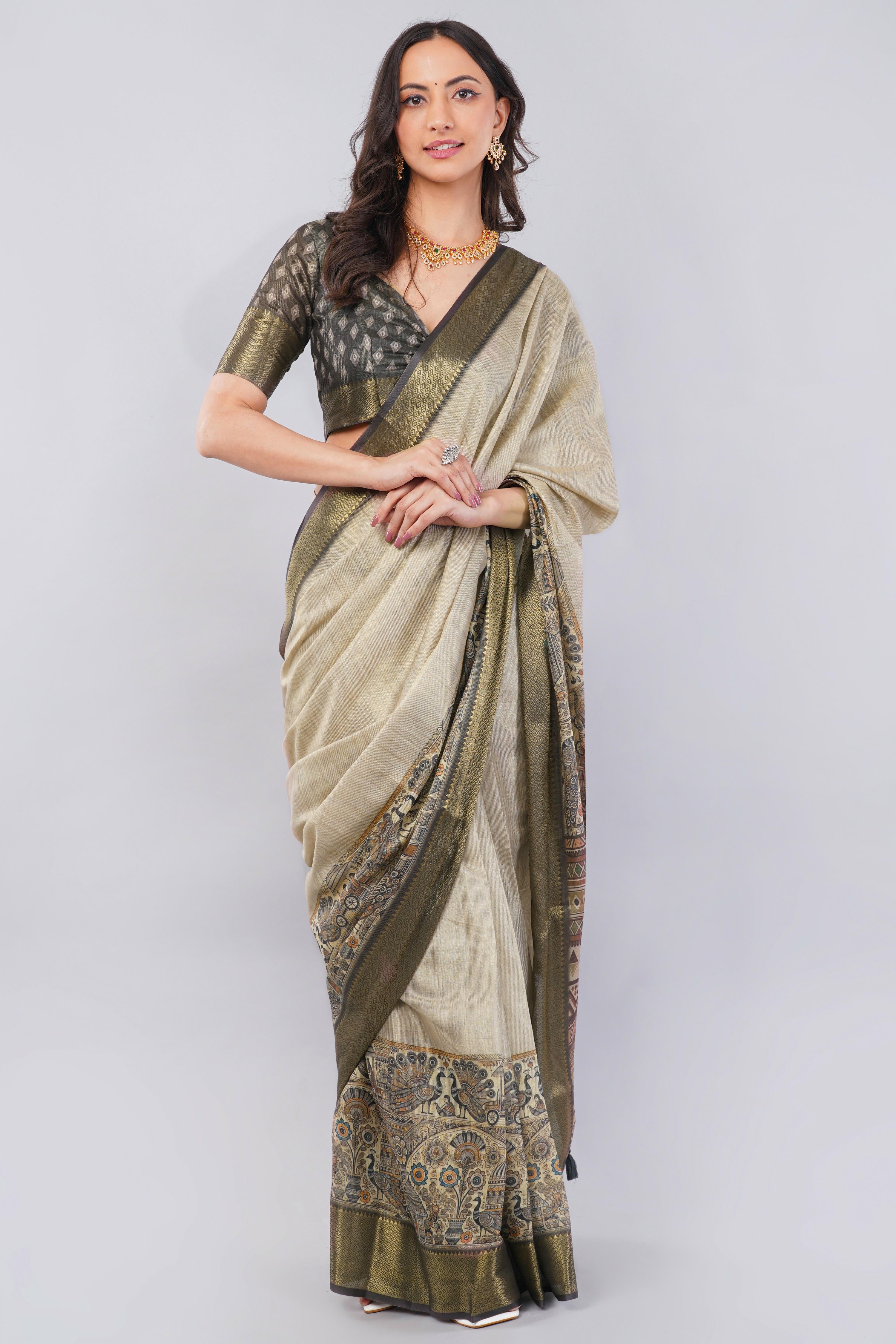 Earthy Grey Ready-to-Wear Printed Saree with Pocket