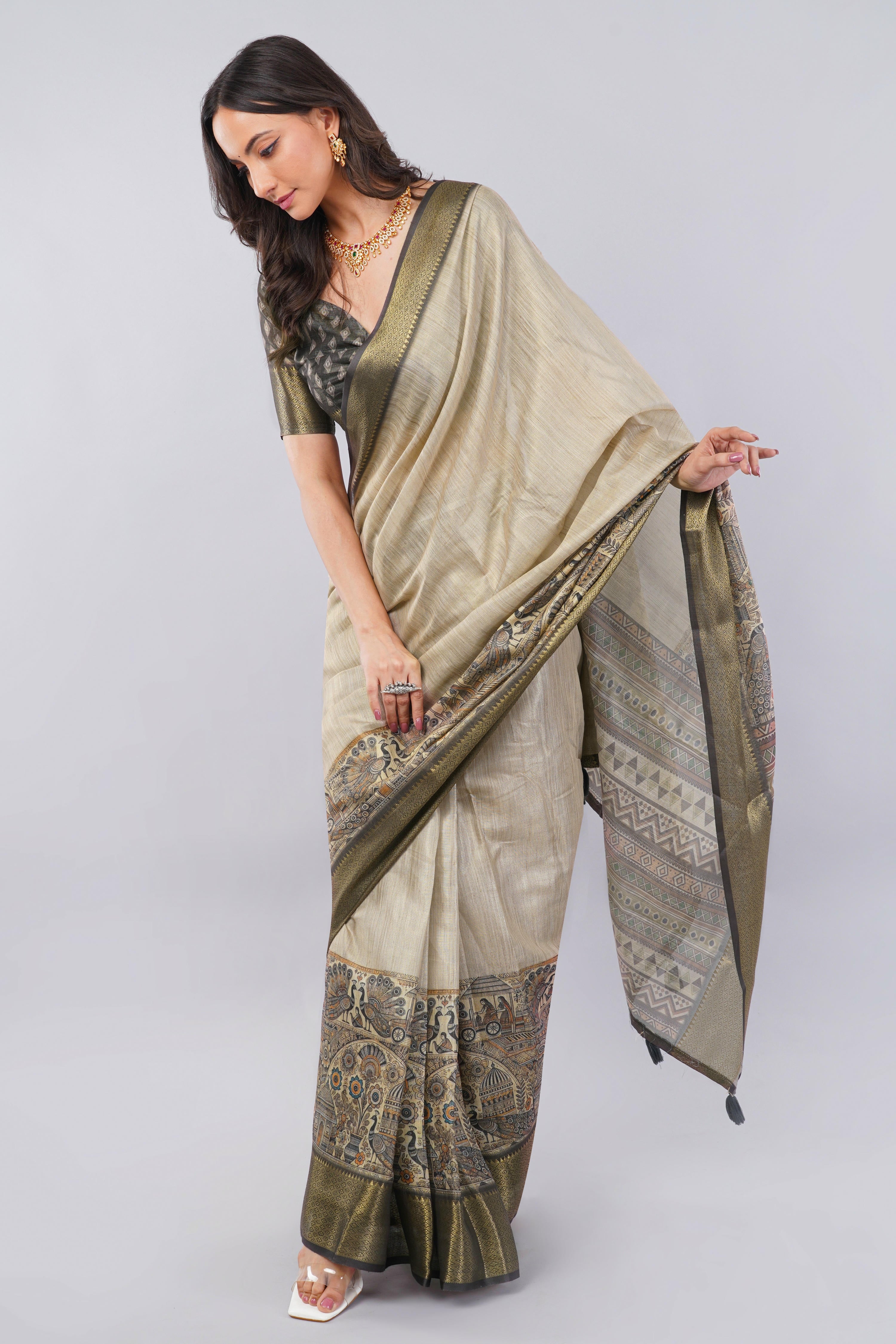 Earthy Grey Ready-to-Wear Printed Saree with Pocket