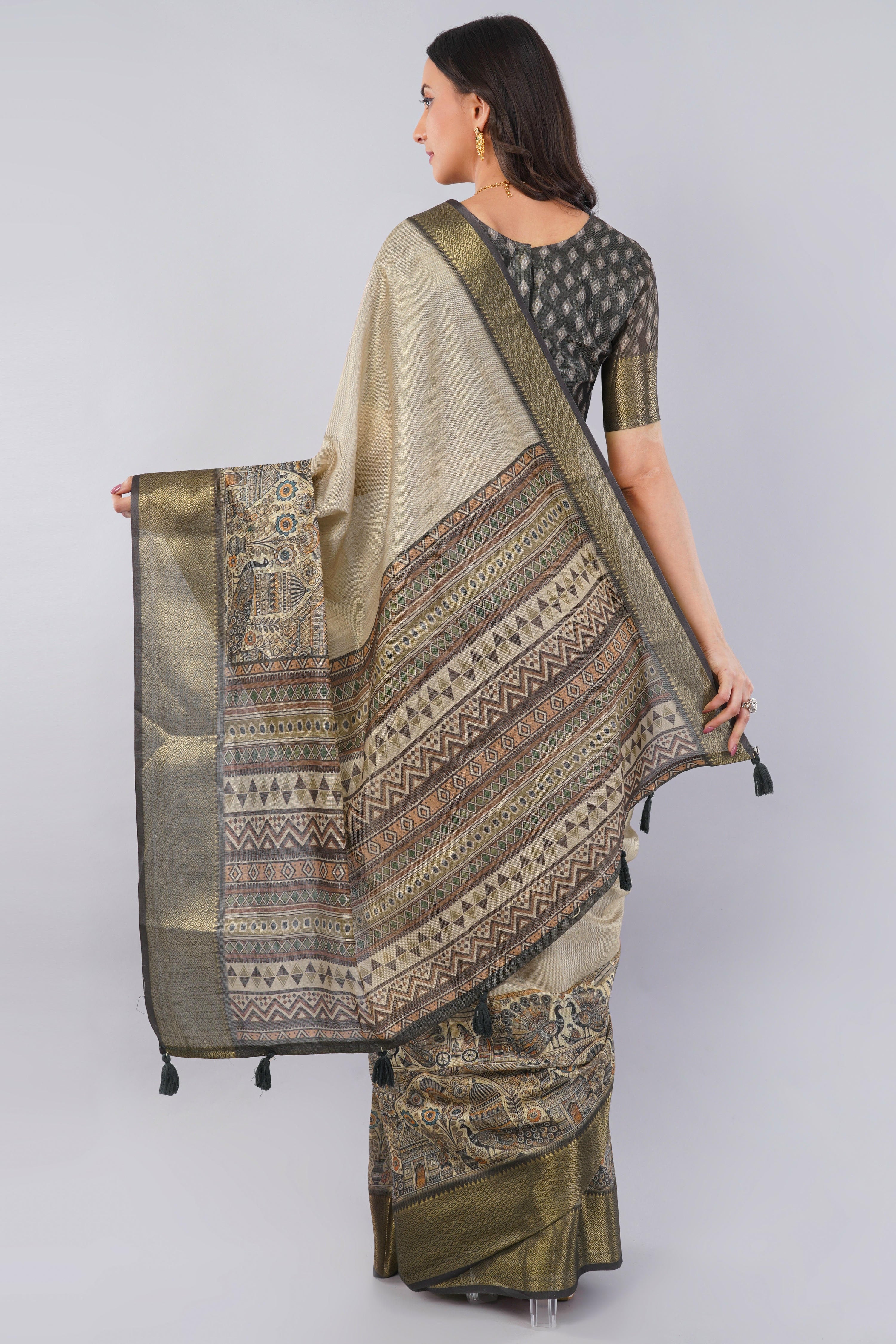 Earthy Grey Ready-to-Wear Printed Saree with Pocket