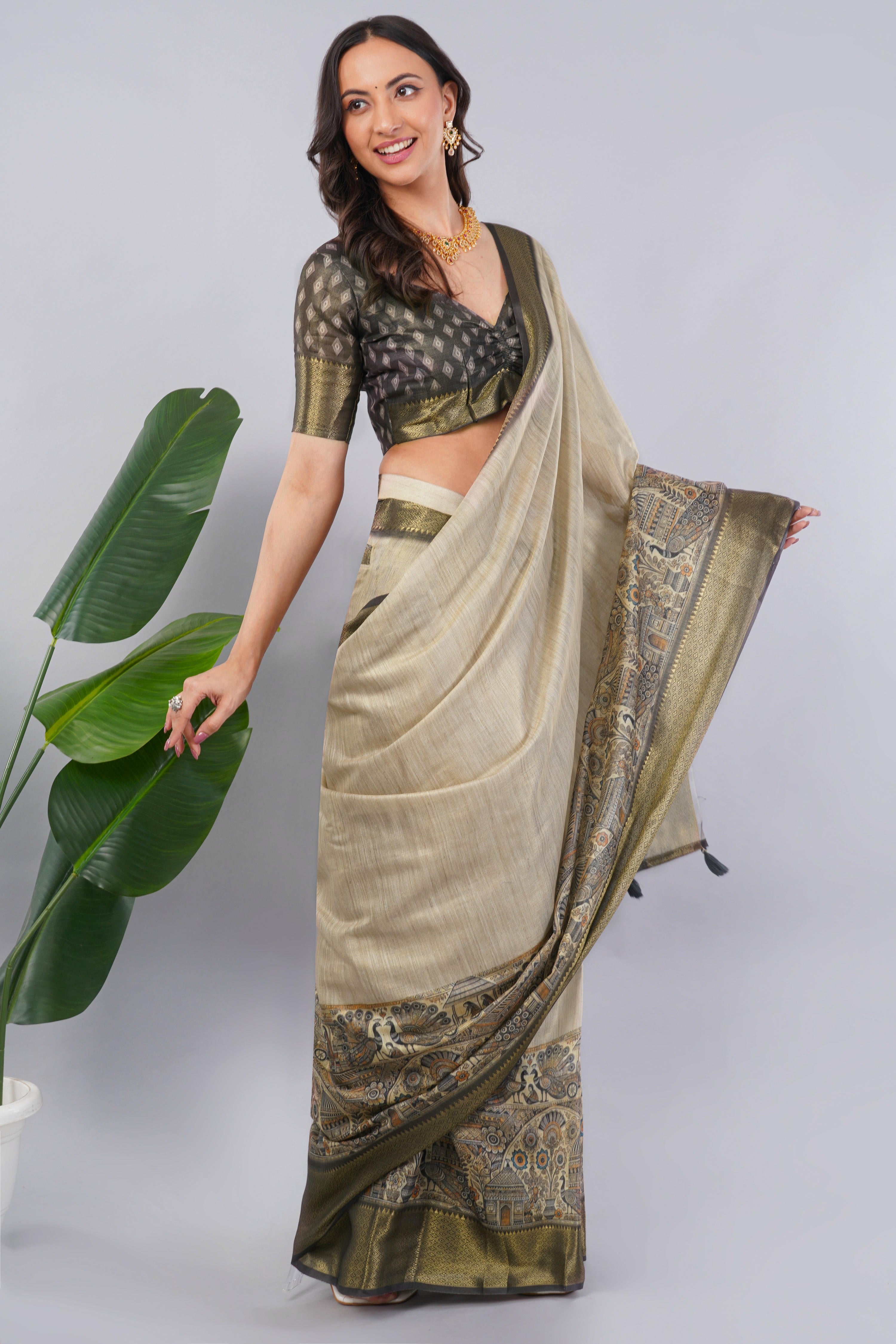 Earthy Grey Ready-to-Wear Printed Saree with Pocket