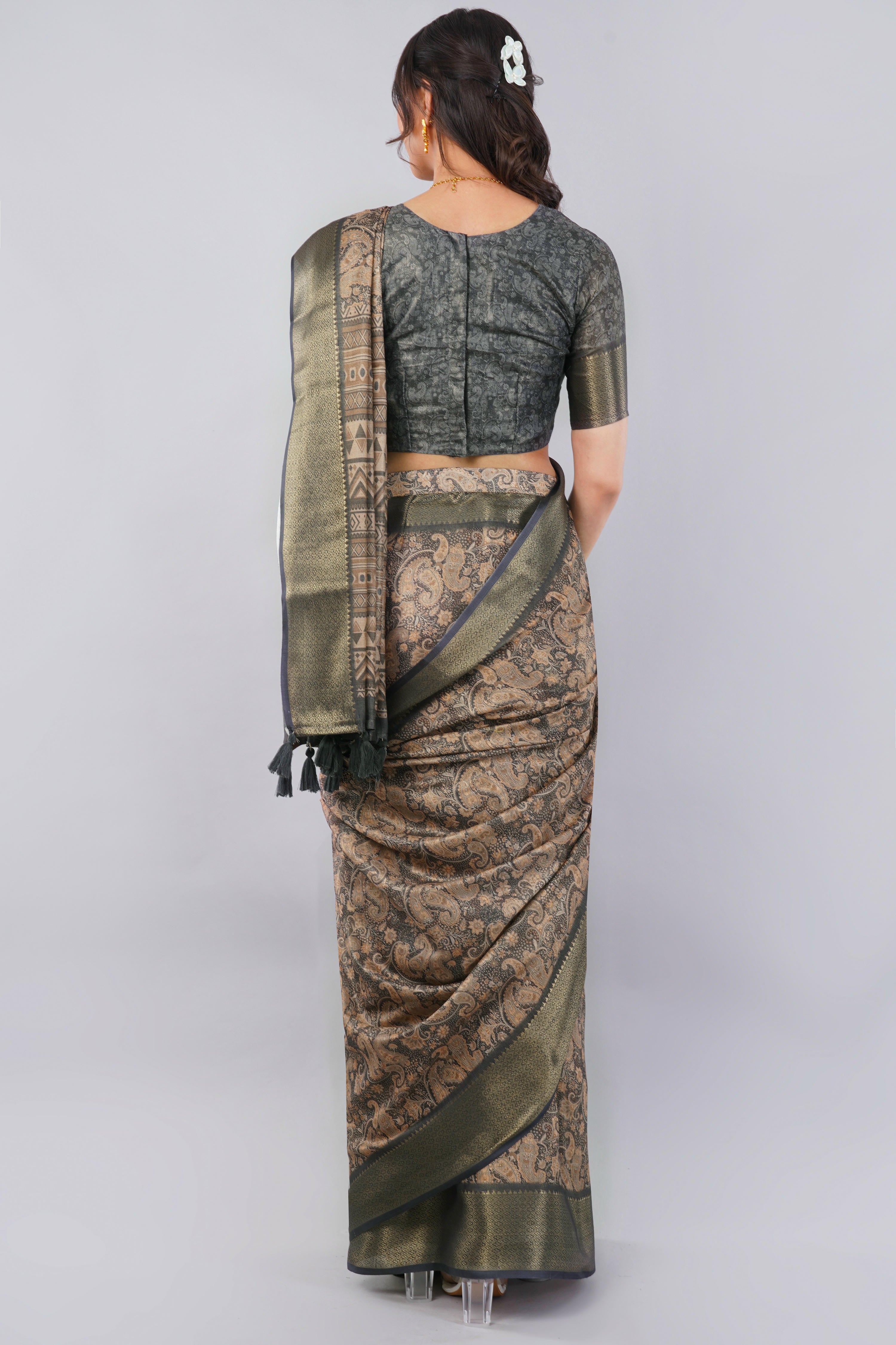 Rust & Charcoal Paisley Ready-to-Wear Saree with Pocket