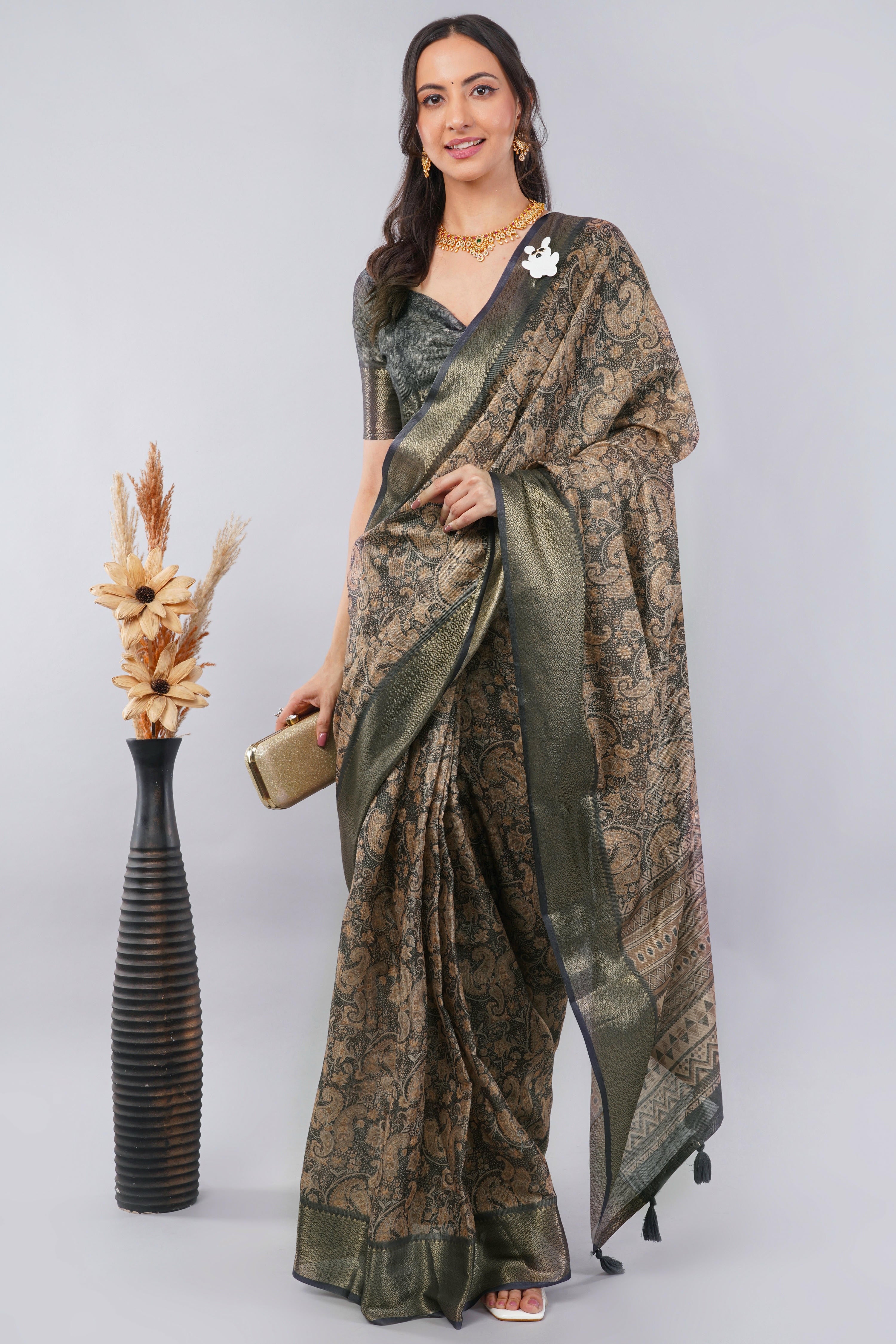 Rust & Charcoal Paisley Ready-to-Wear Saree with Pocket
