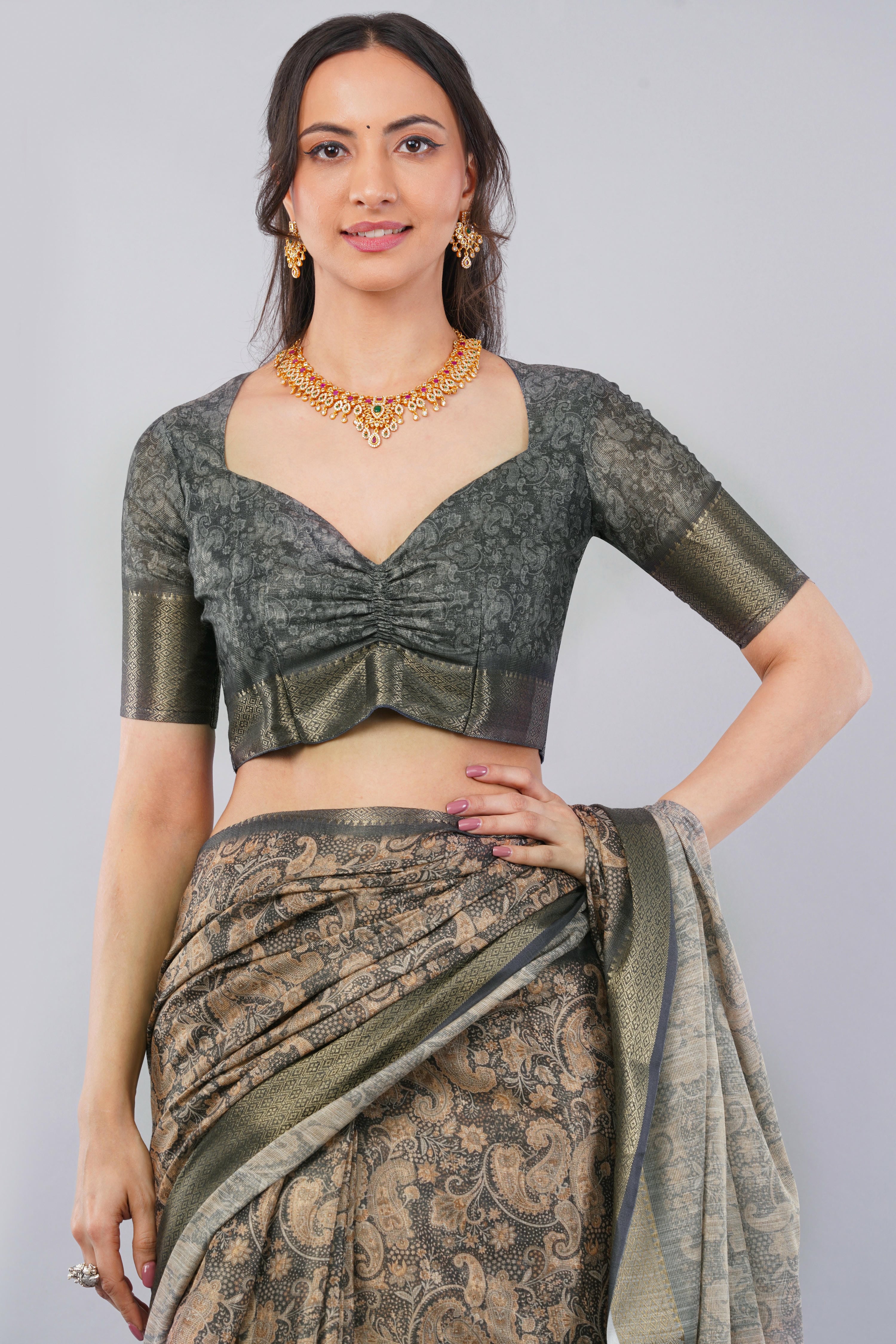 Rust & Charcoal Paisley Ready-to-Wear Saree with Pocket