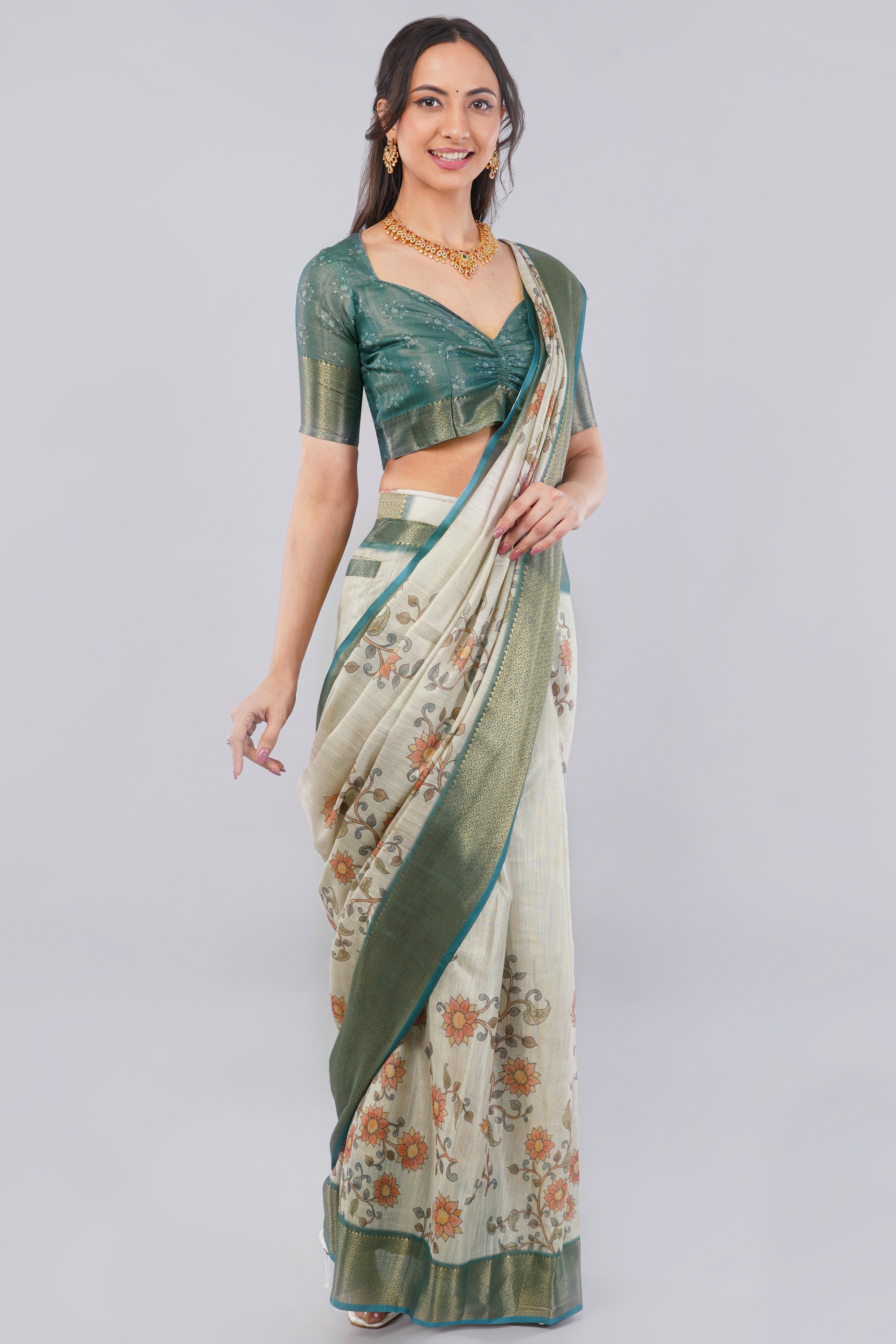 Off-White & Teal Ready-to-Wear Printed Saree with Pocket