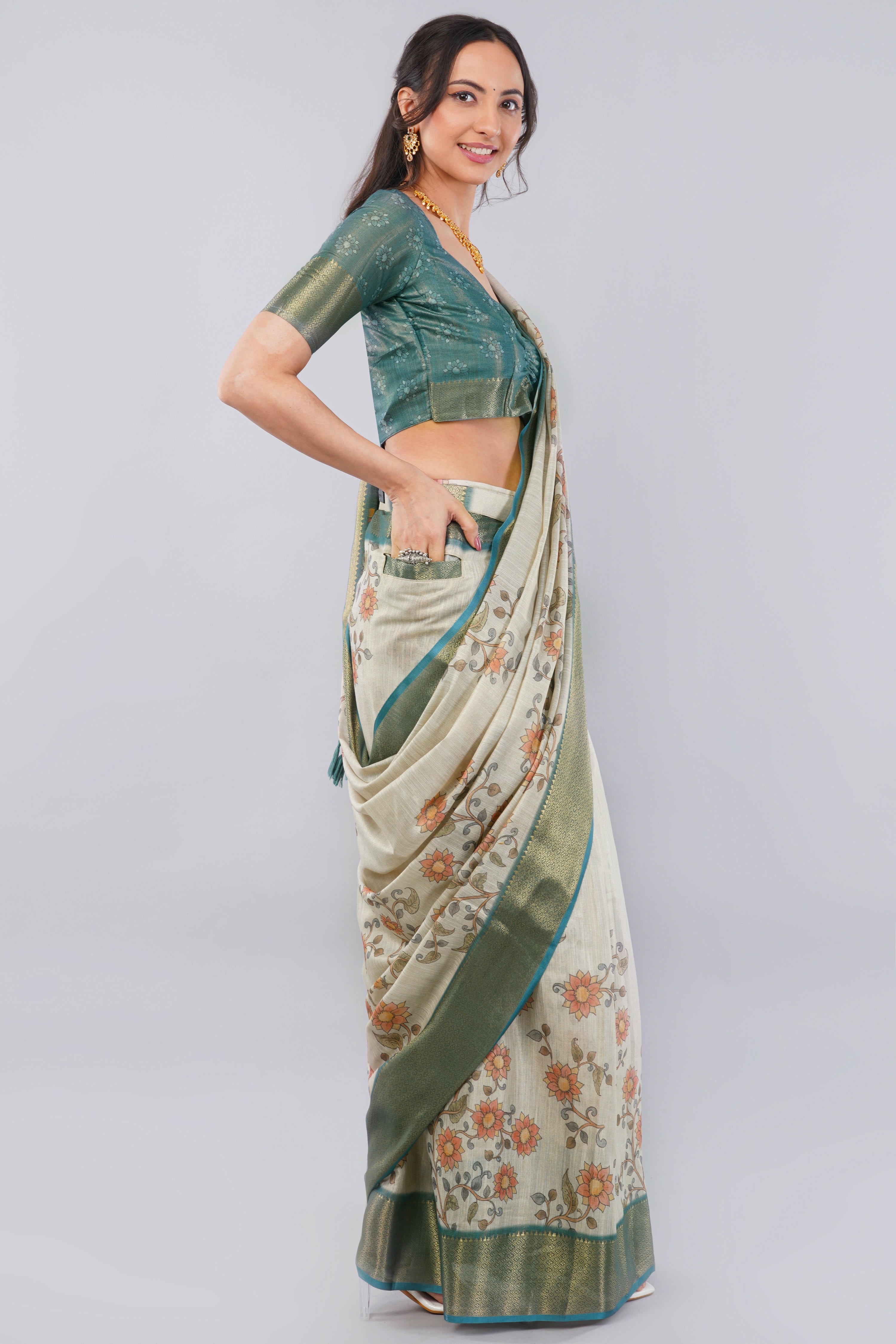 Off-White & Teal Ready-to-Wear Printed Saree with Pocket