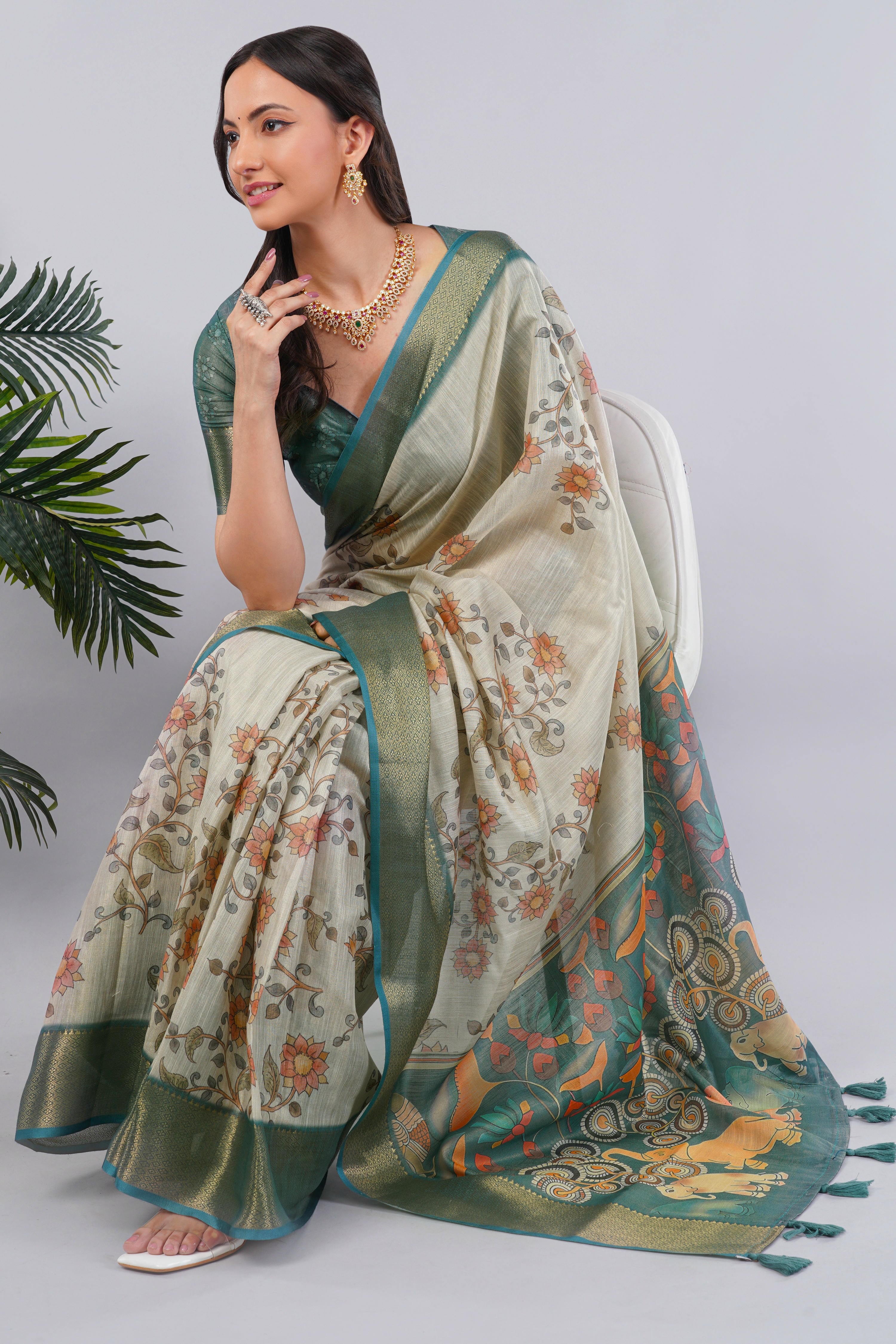 Off-White & Teal Ready-to-Wear Printed Saree with Pocket