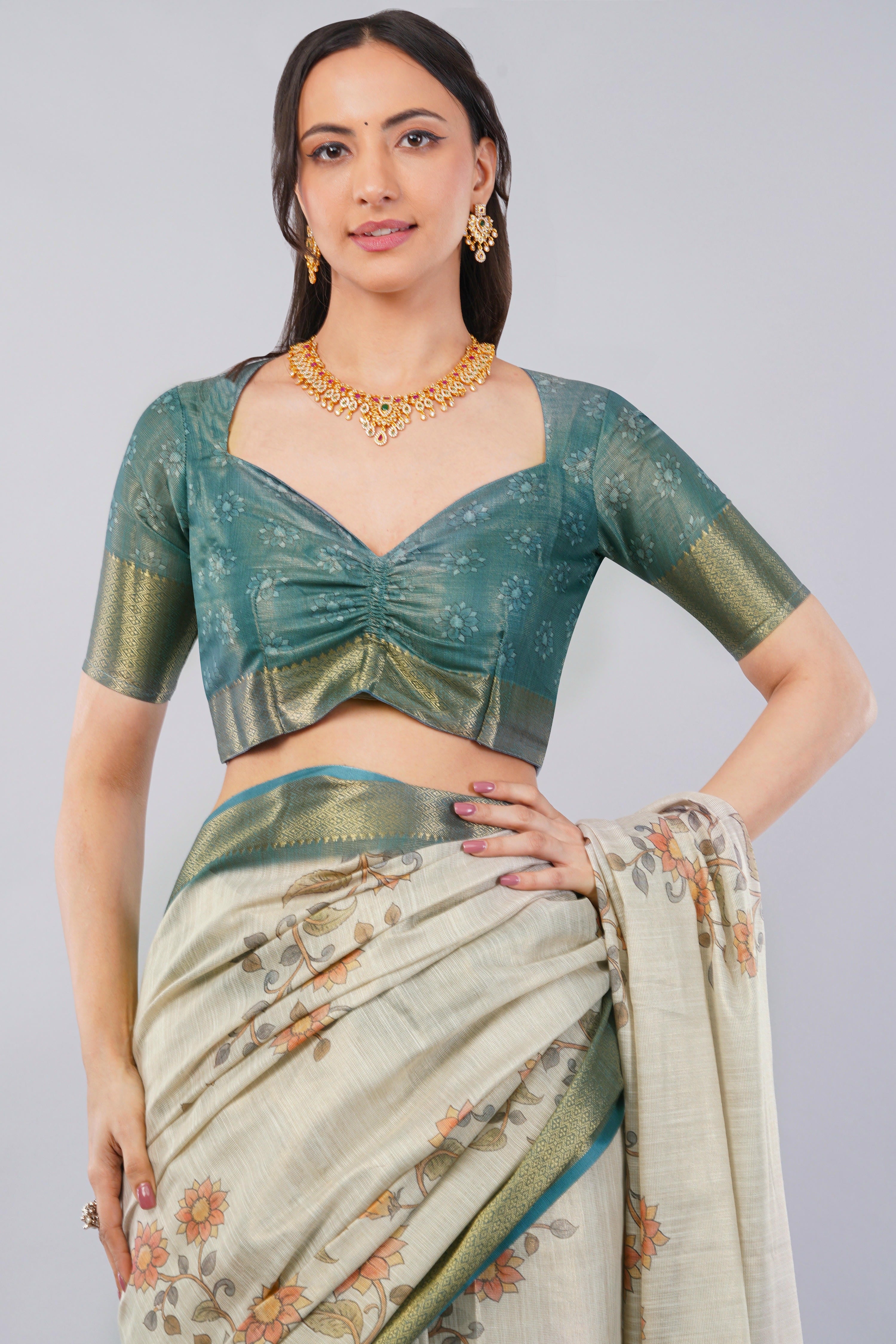 Off-White & Teal Ready-to-Wear Printed Saree with Pocket