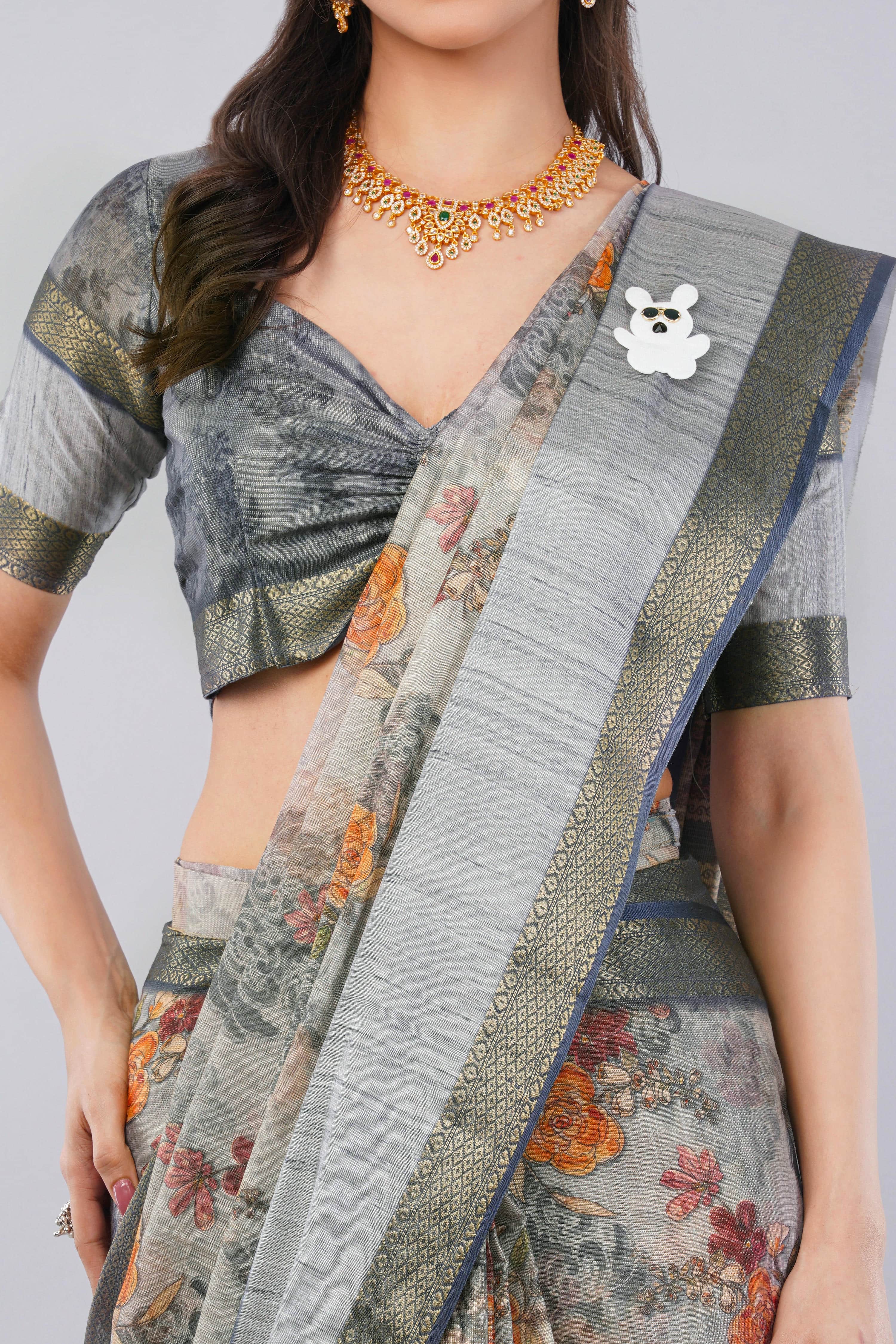 Silver Grey Floral Ready-to-Wear Saree with Pocket