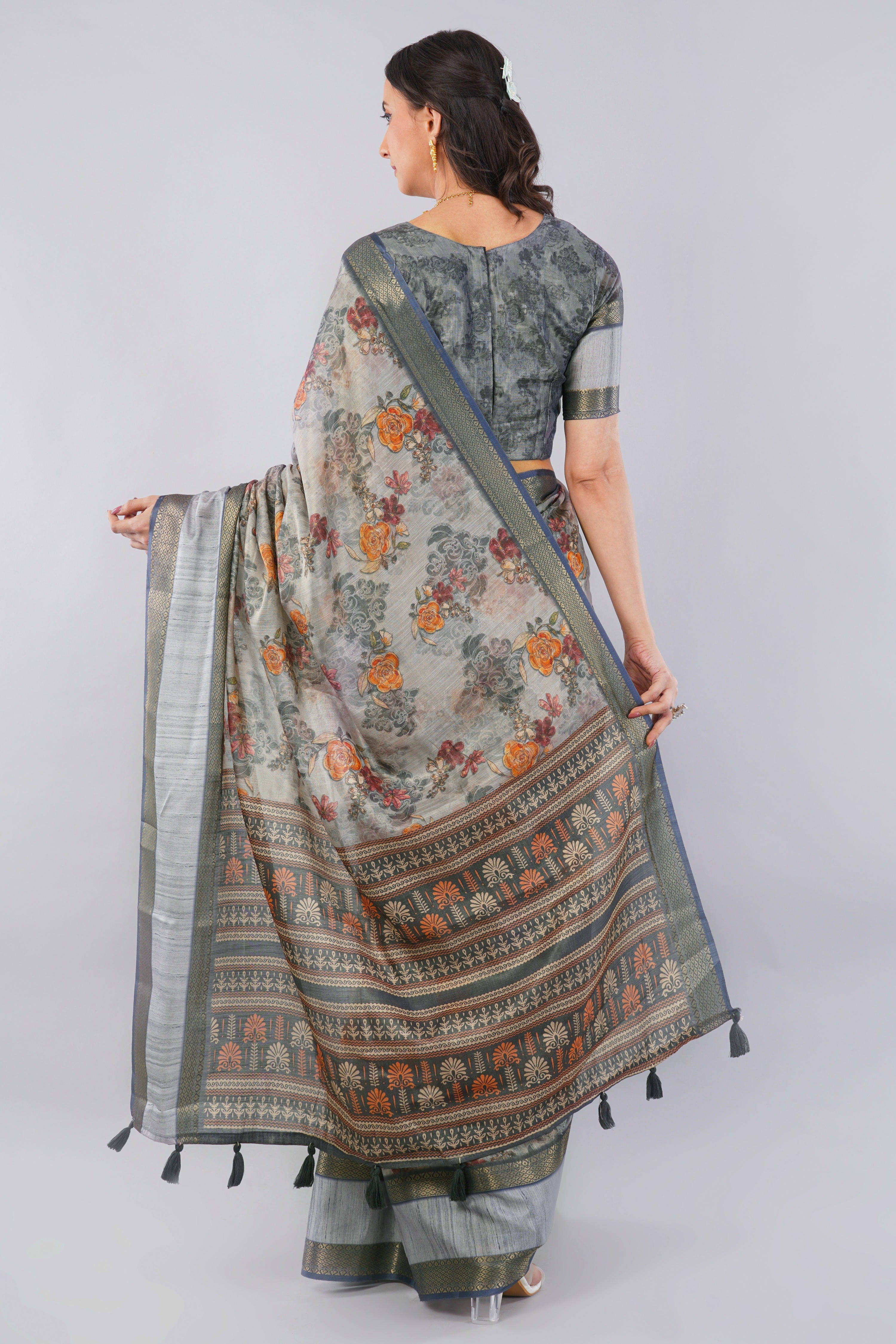 Silver Grey Floral Ready-to-Wear Saree with Pocket