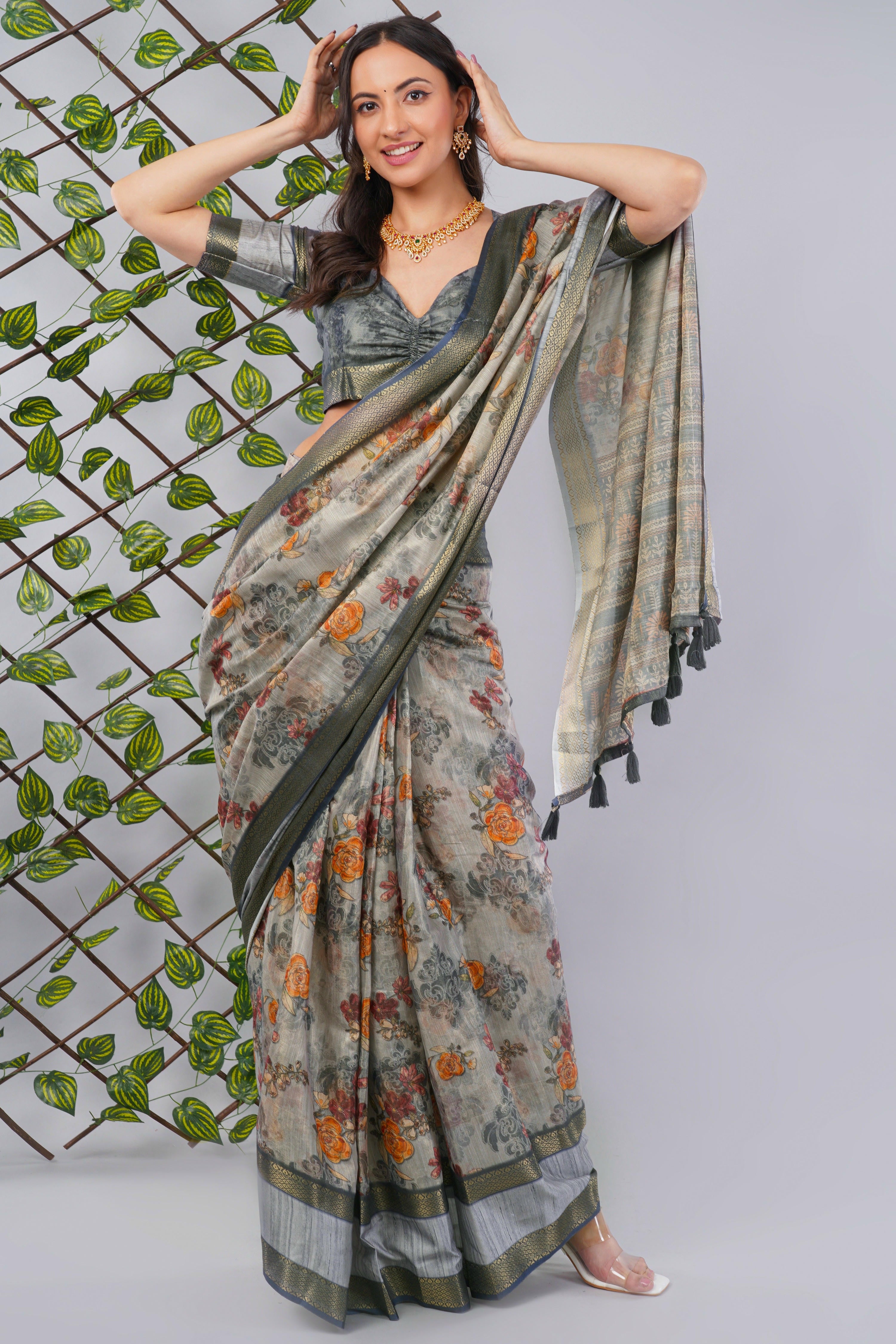 Silver grey floral ready-to-wear saree with pocket and antique zari border