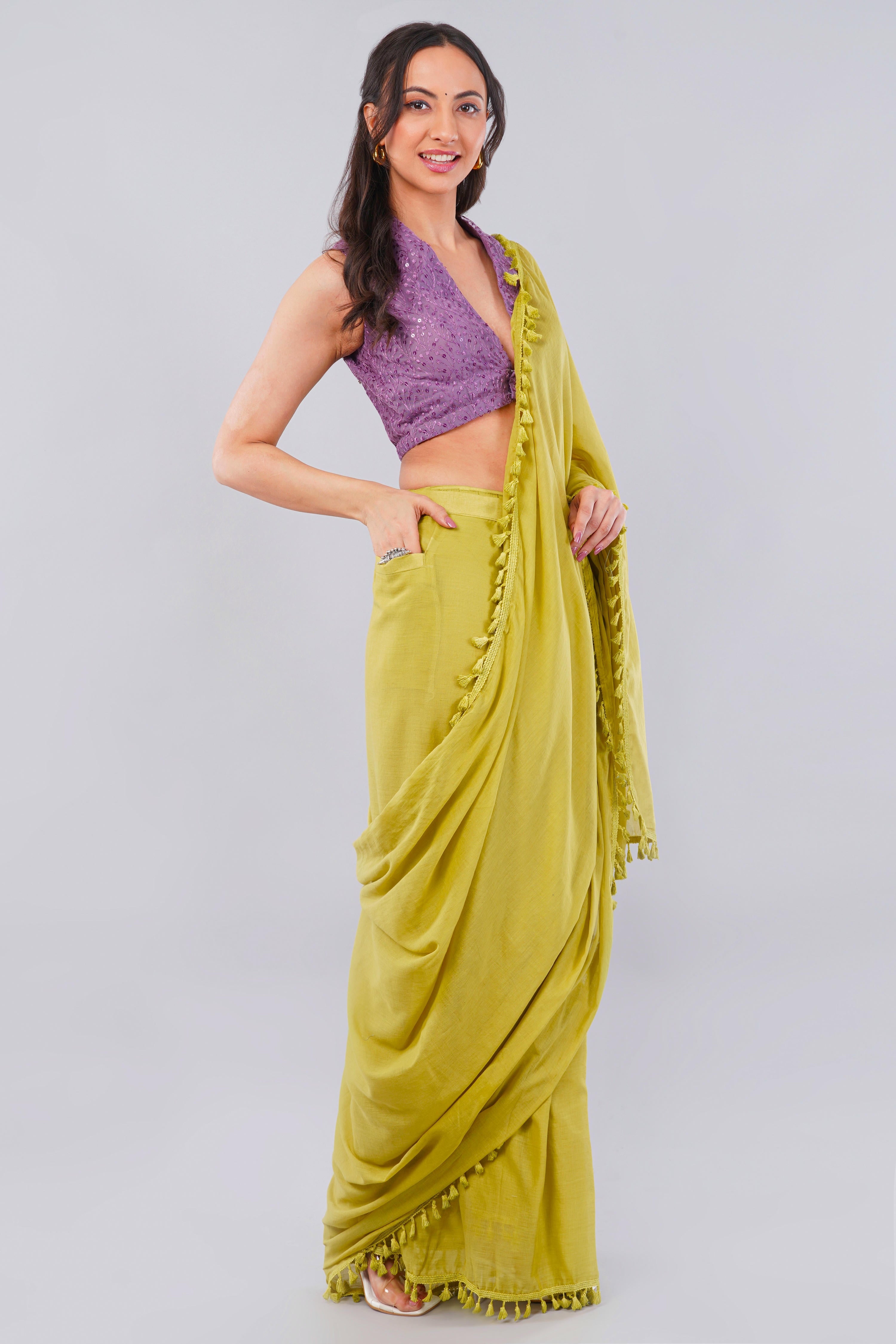 Mustard Green Ready-to-Wear Saree with Pocket