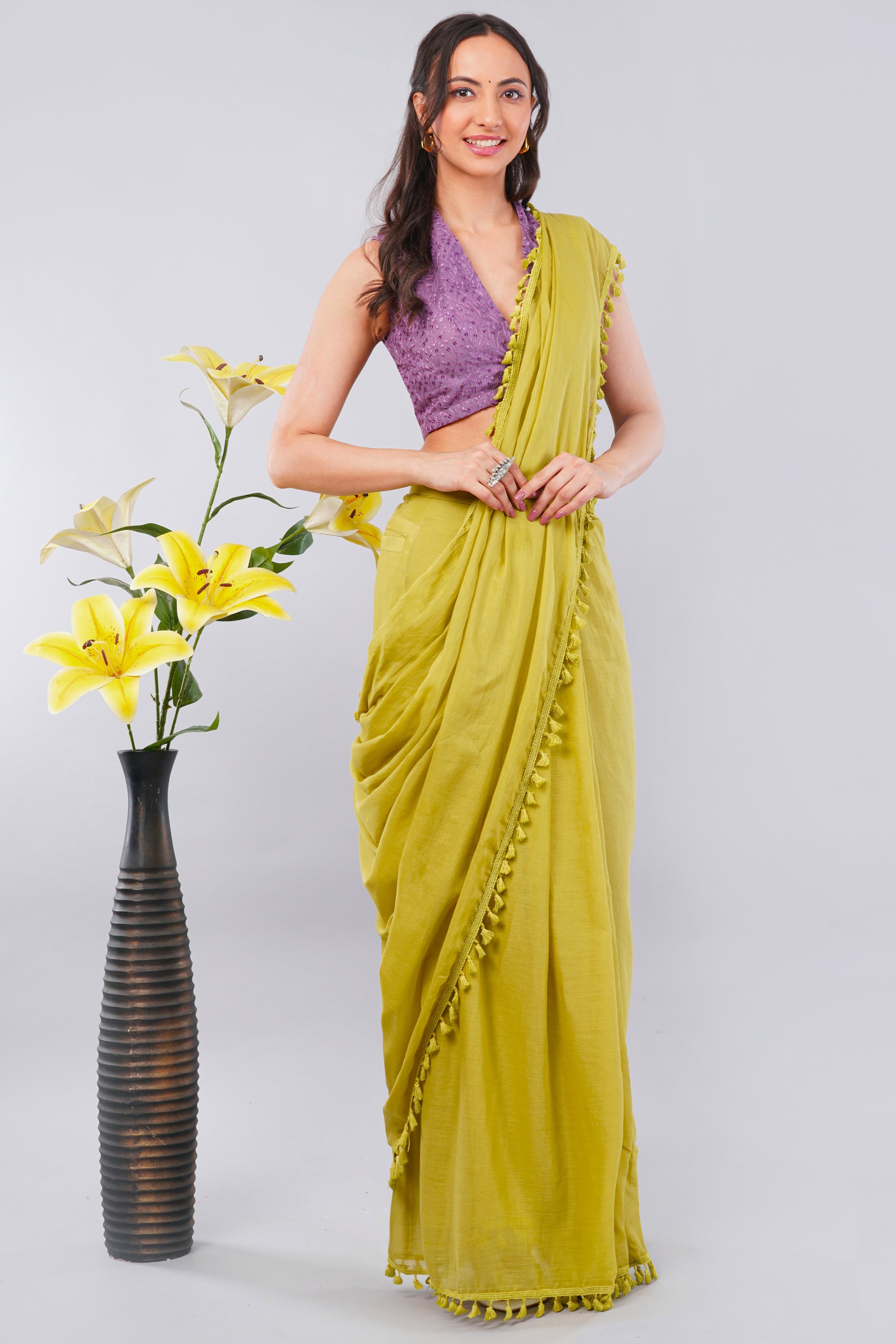 Mustard Green Ready-to-Wear Saree with Pocket