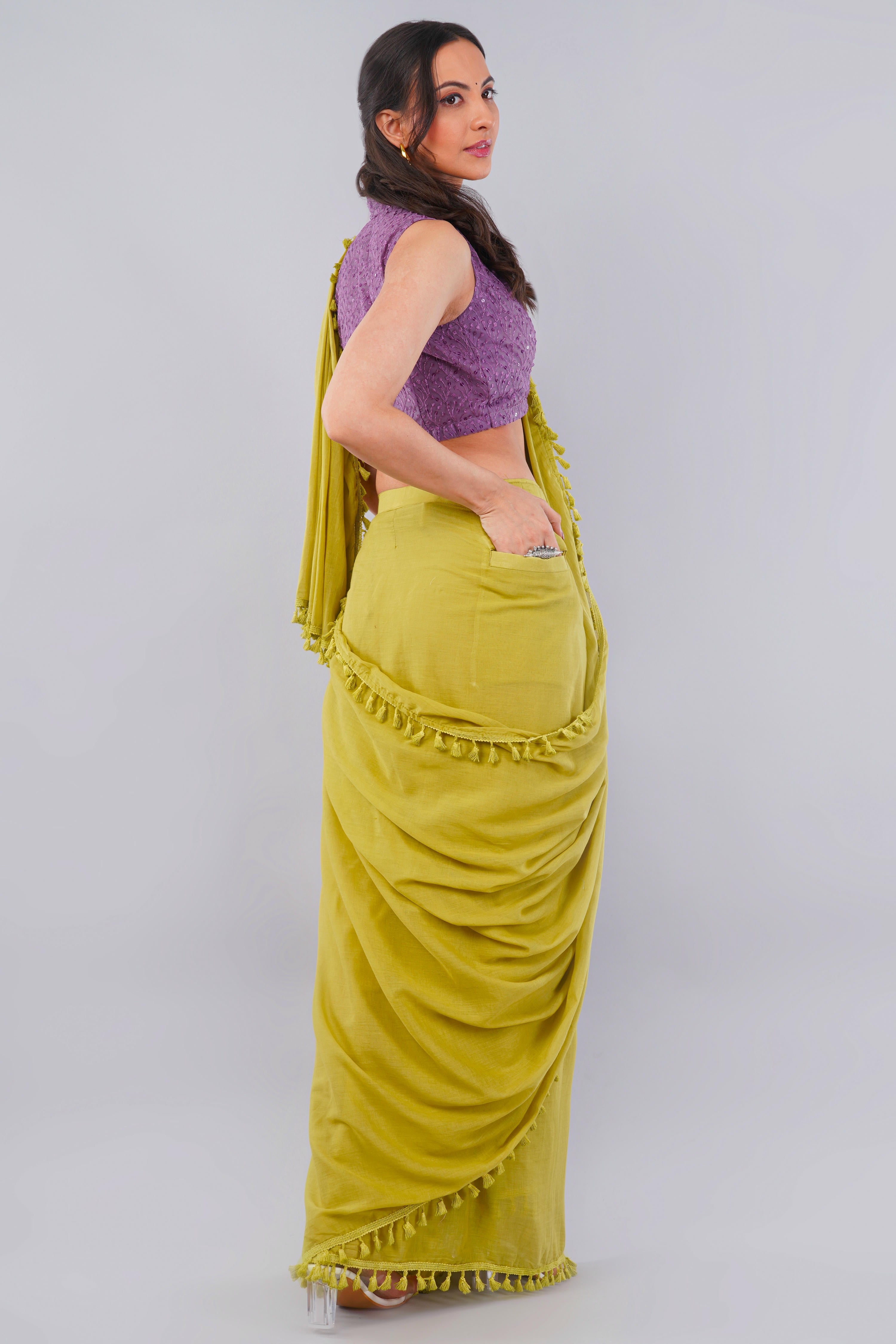 Mustard Green Ready-to-Wear Saree with Pocket