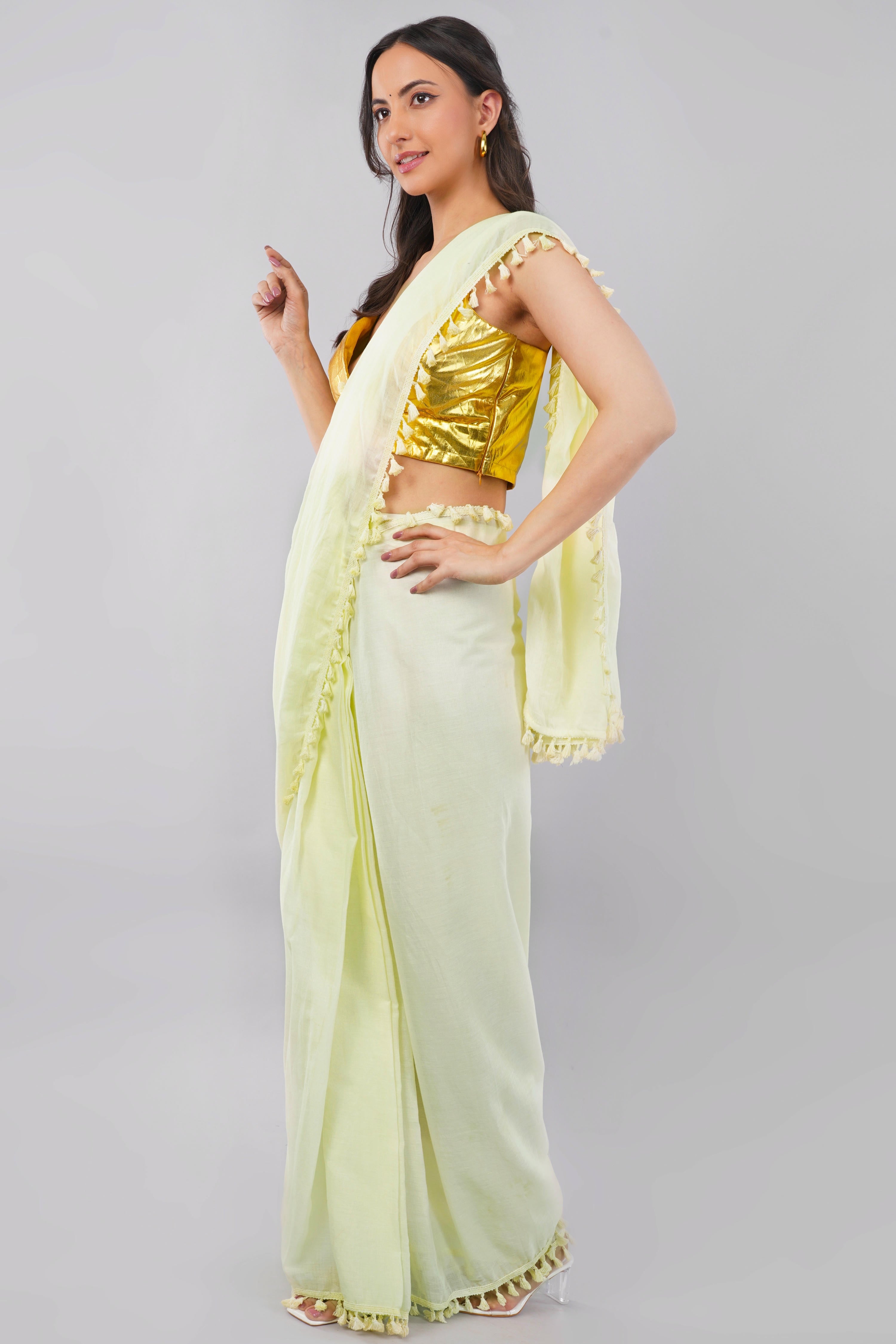 Lemon Yellow Ready-to-Wear Saree with Pocket