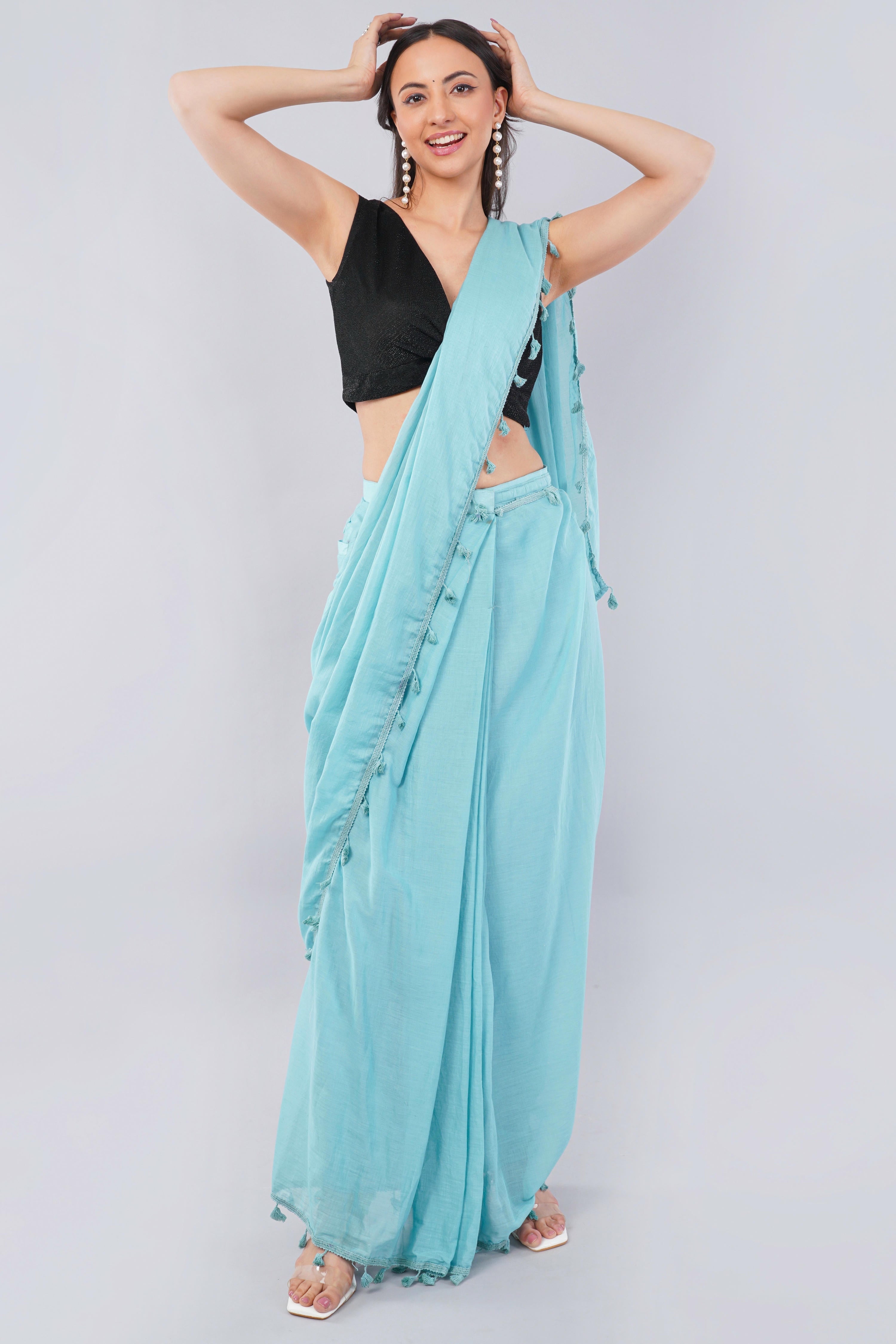 Turquoise blue ready-to-wear saree with pocket, tassel detailing and black sleeveless blouse