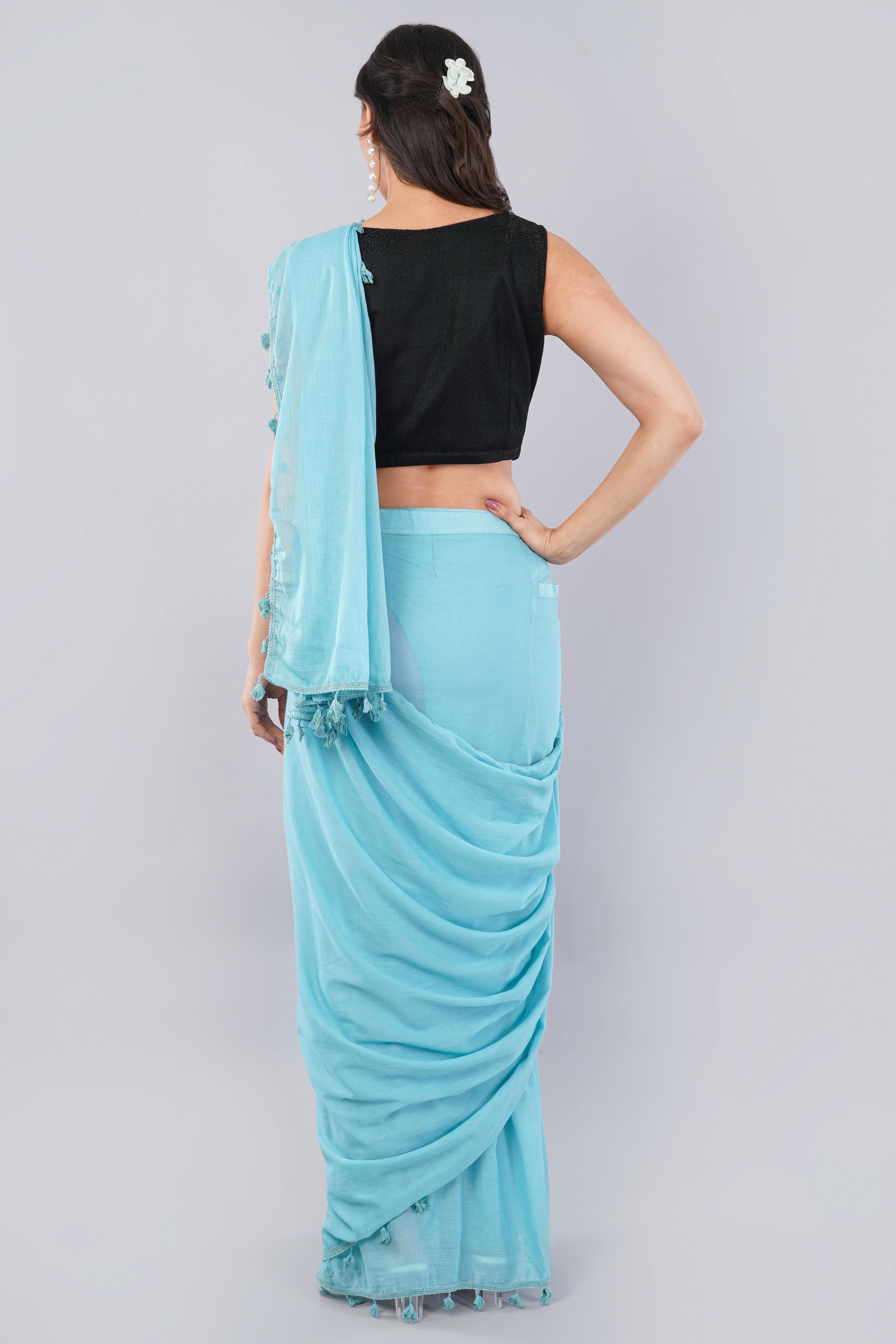 Turquoise Blue Ready-to-Wear Saree with Pocket