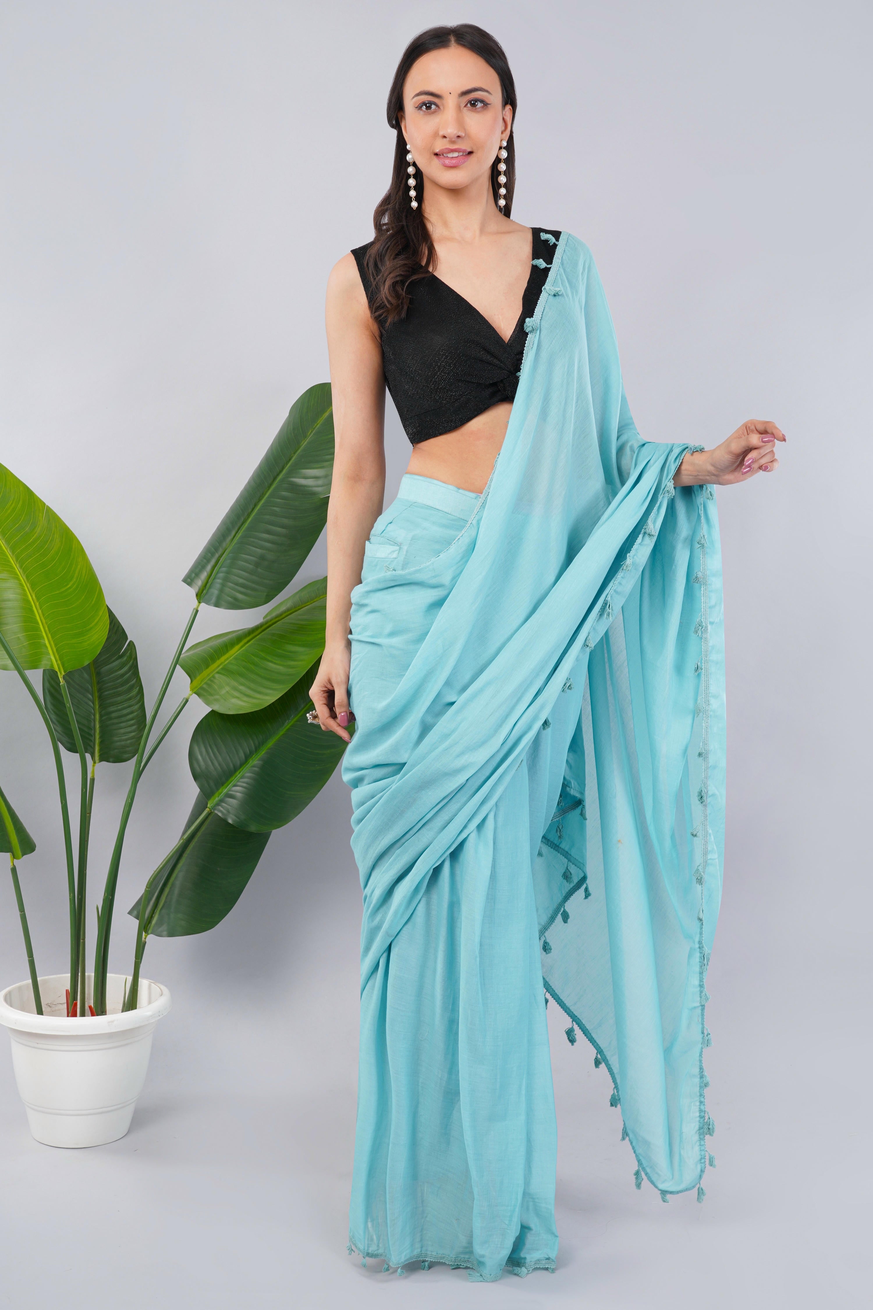 Turquoise Blue Ready-to-Wear Saree with Pocket