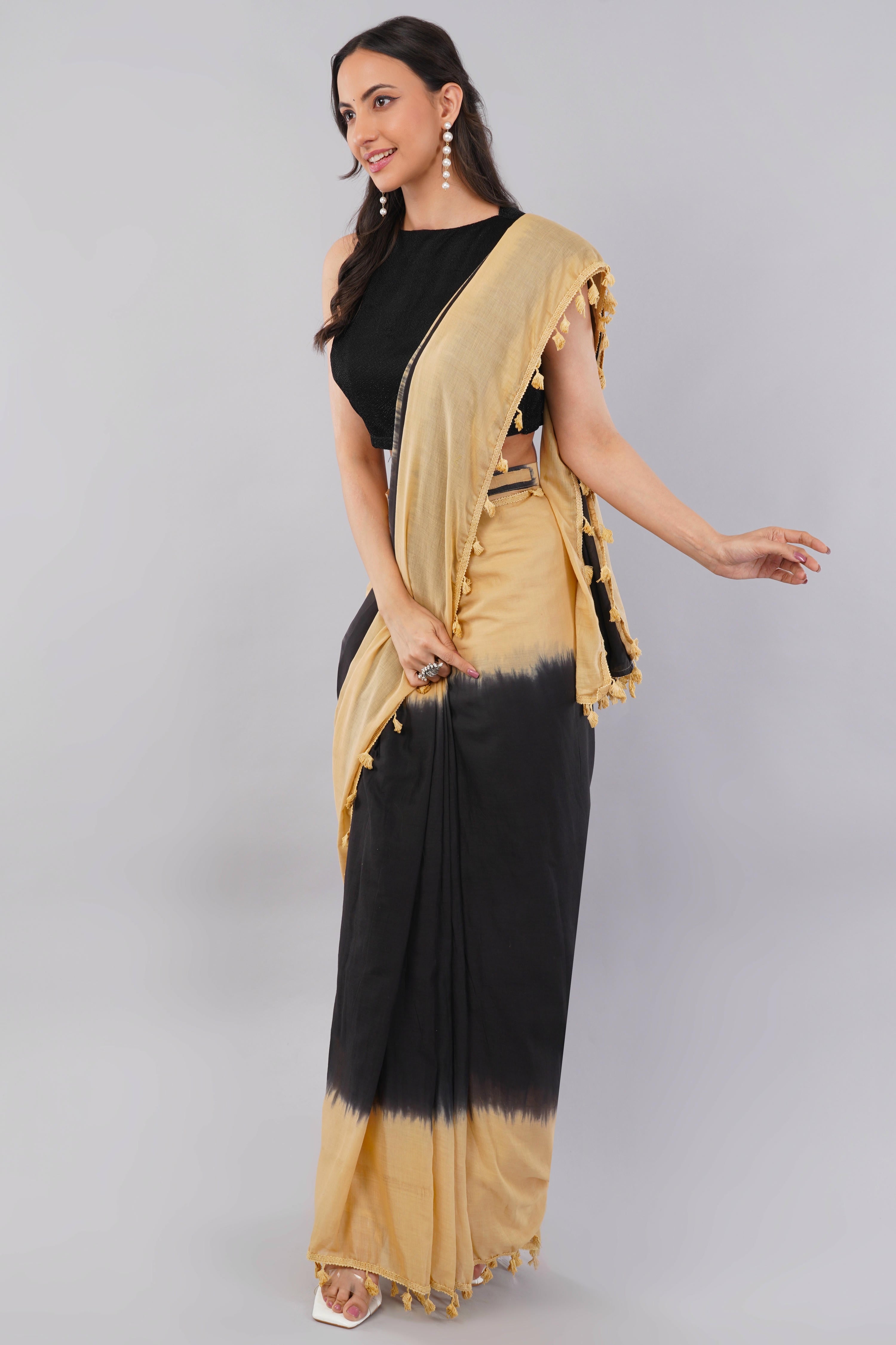 Samantha Beige & Black Ready-to-Wear Saree with Pocket