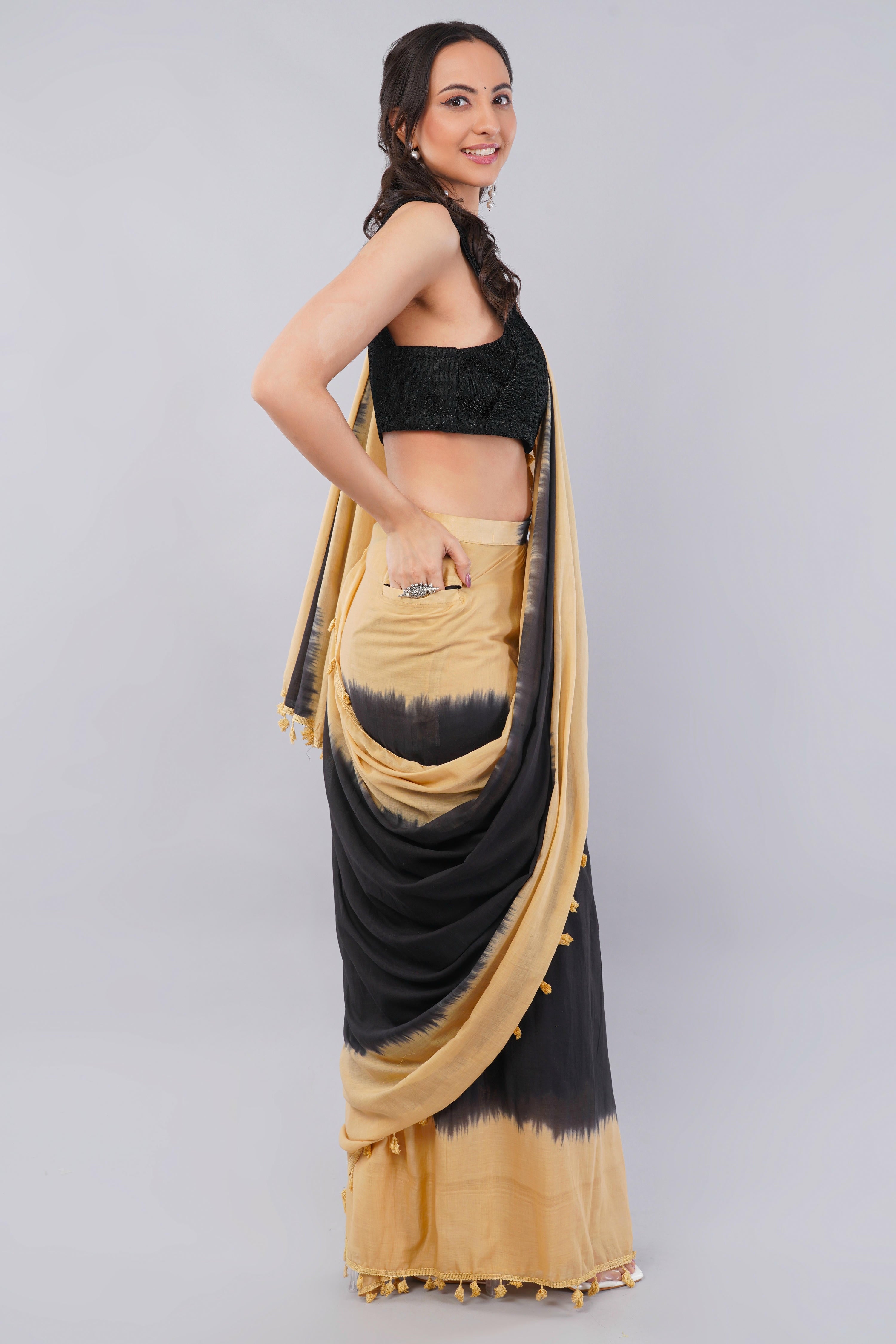 Samantha Beige & Black Ready-to-Wear Saree with Pocket