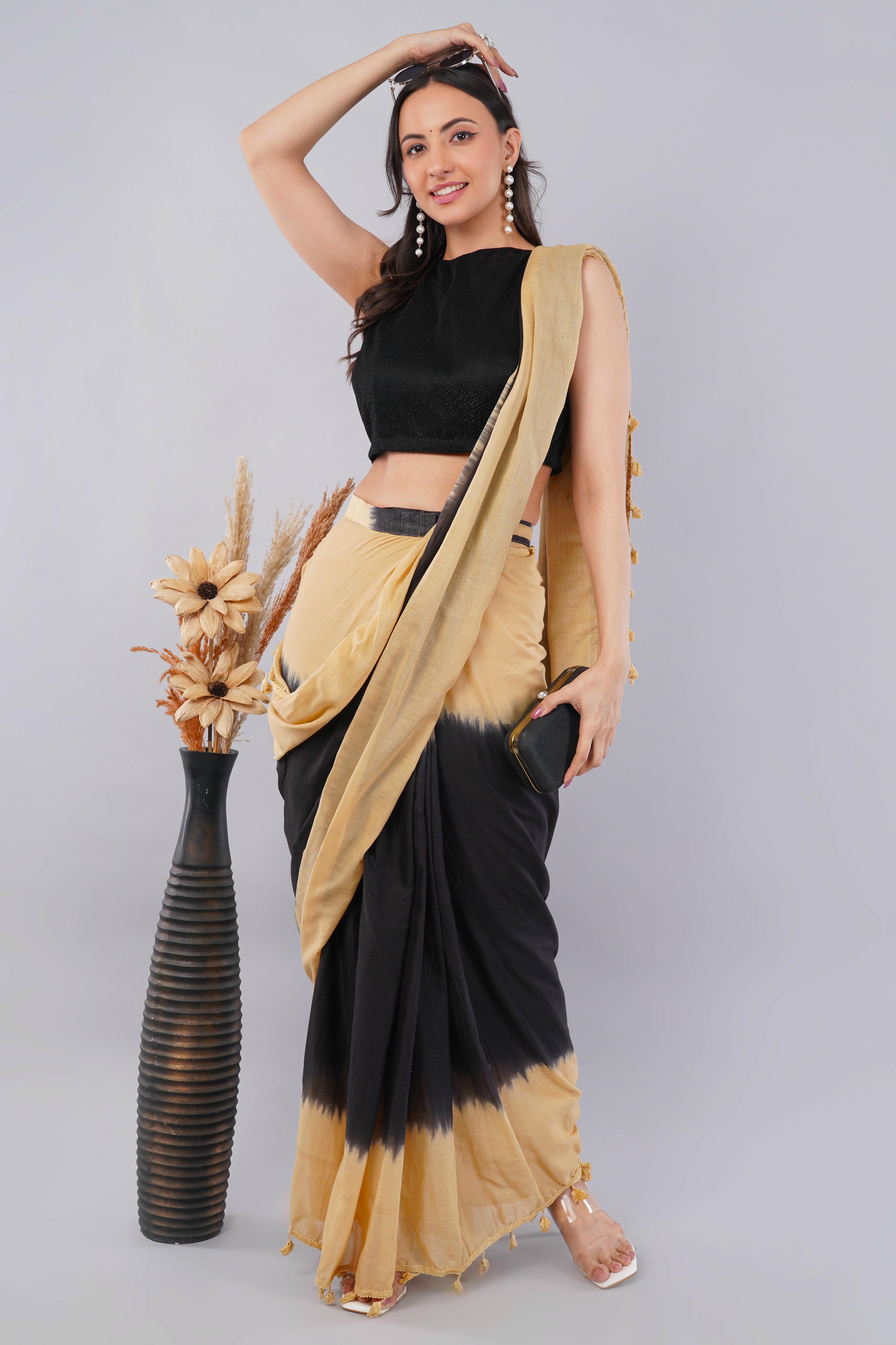 Samantha Beige & Black Ready-to-Wear Saree with Pocket