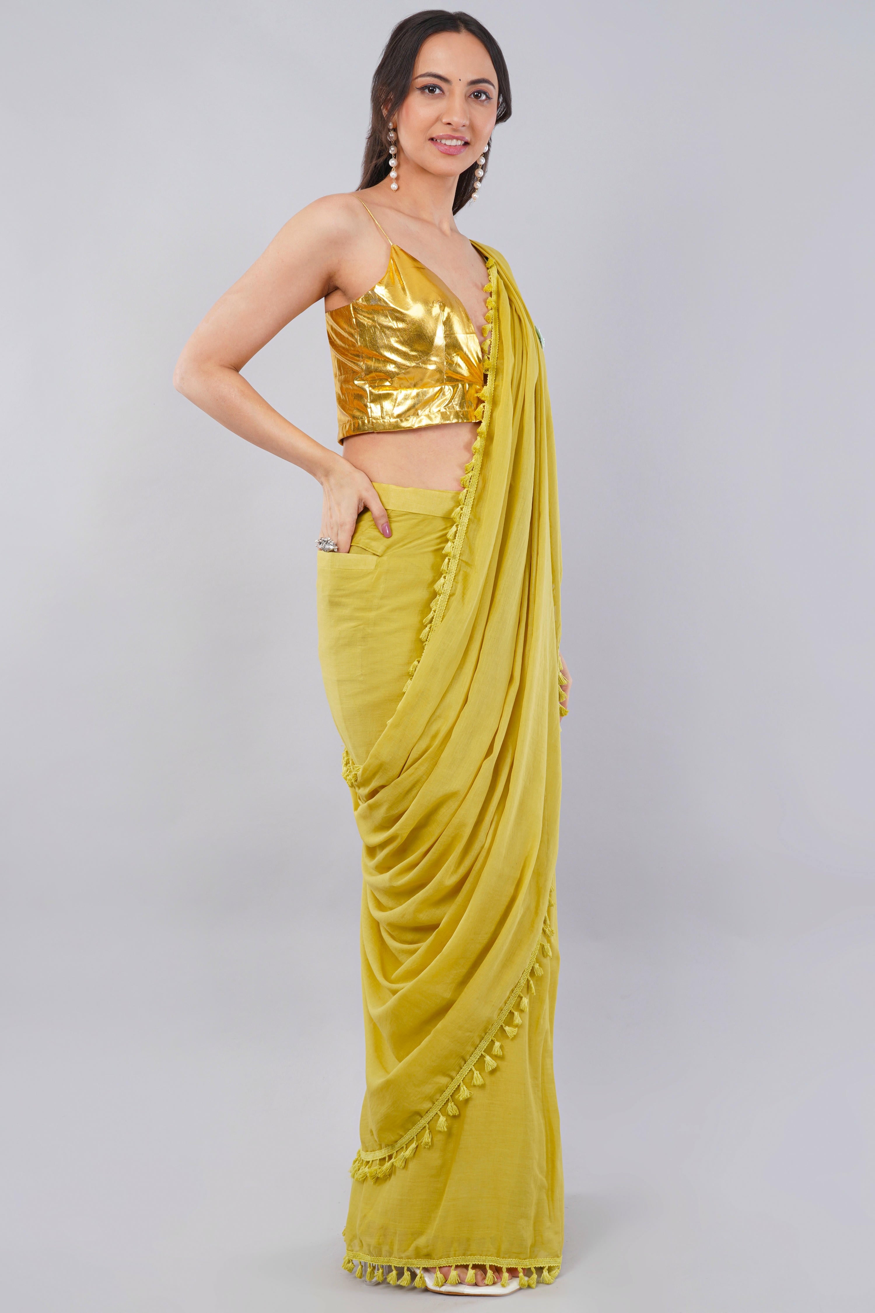 Lime Green Ready-to-Wear Saree with Pocket