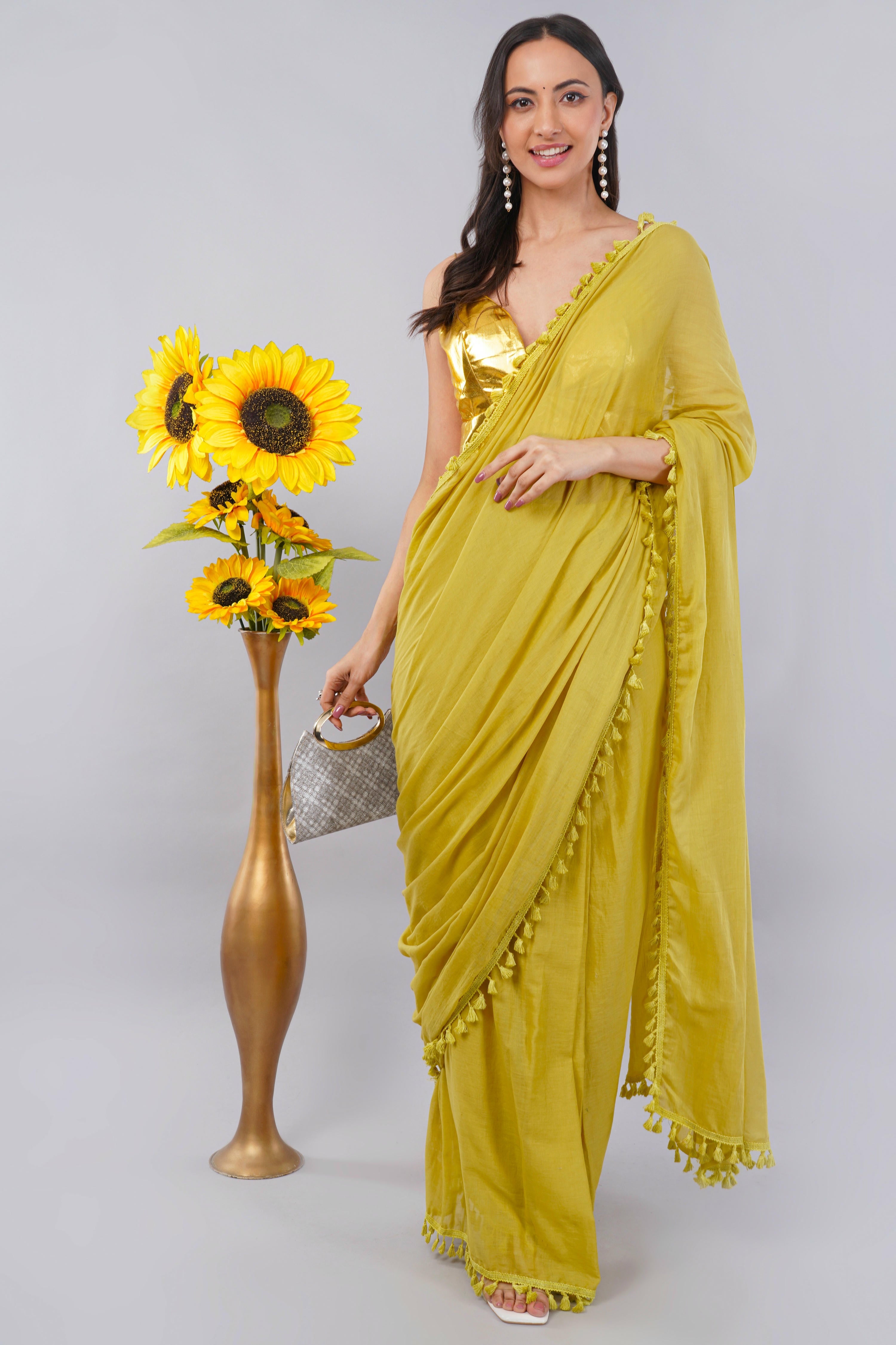 Lime Green Ready-to-Wear Saree with Pocket