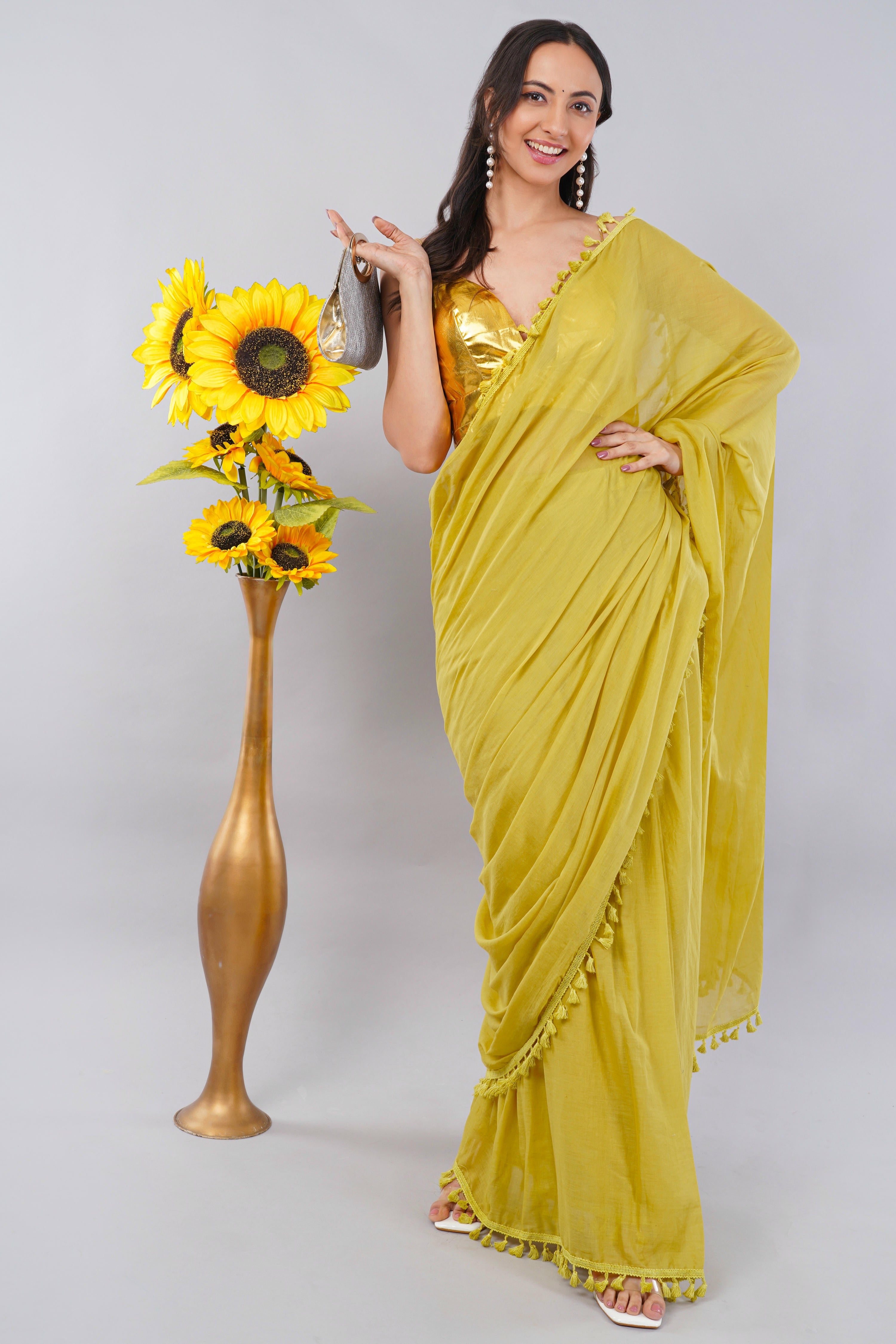 Lime Green Ready-to-Wear Saree with Pocket