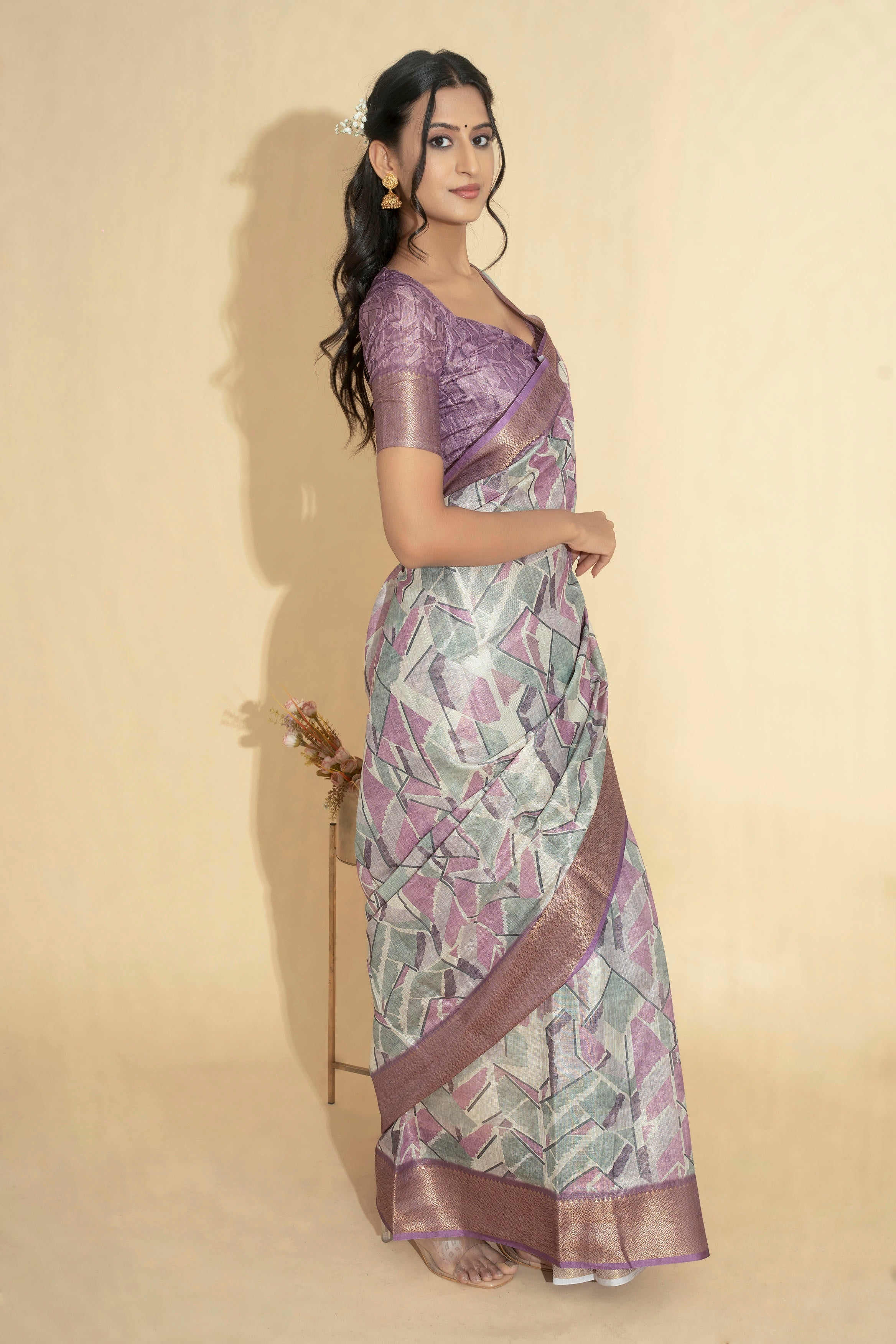 Lavender and Grey Abstract Geometric Print Saree with Copper Zari Border